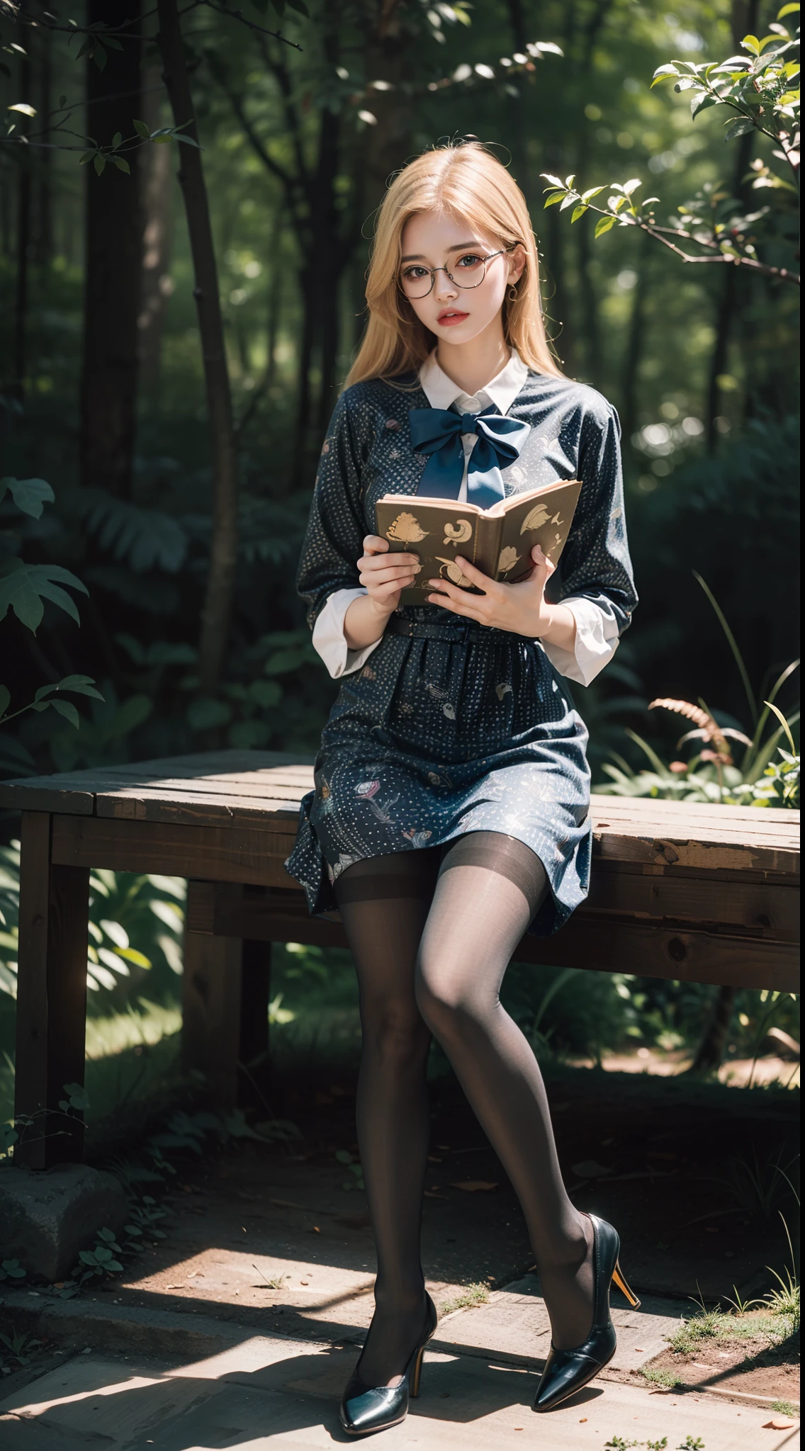 (full body:1.5),(((1girl)):1.3),(view the viewer:1.4),((anatomy correct):1.45),((Sitting in the forest):1.2),(He wears large glasses and holds a book in his hand:1.15),(shy:1.15),(red Sailor dress with ribbons:1.2),((((printed))) ,(pantyhose):1.3),( Uniform high heels leather shoes with bows for female students:1.1),(Accurate and perfect face:1.3),(Blue-eyed blonde:1.2),hyper HD, Ray traching, reflective light, structurally correct, Award-Awarded, high detail, lighten shade contrast, Face lighting ,cinematic lighting, masterpiece, super detailing, high quality, high detail, best quality, 16k,High contrast,