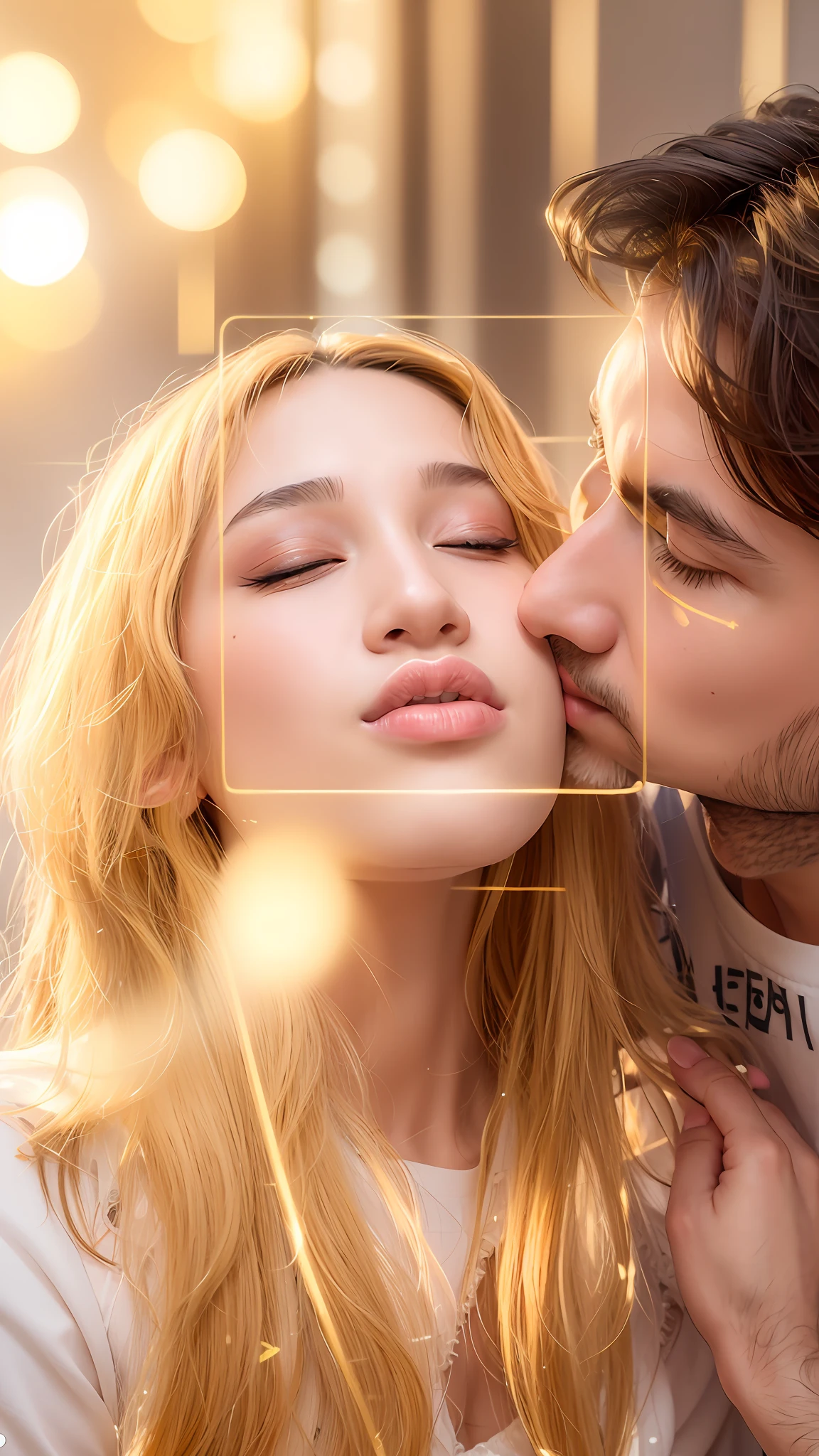 there is a man kissing a woman with a yellow square on her cheek, kissing together cutely, kissing together, small lips pointy nose, with small nose, 8k selfie photograph, big round nose closed lips, kiss mouth to mouth, kissing each other, [ realistic photo ]!!, very small lips, neck zoomed in from lips down, lovely kiss