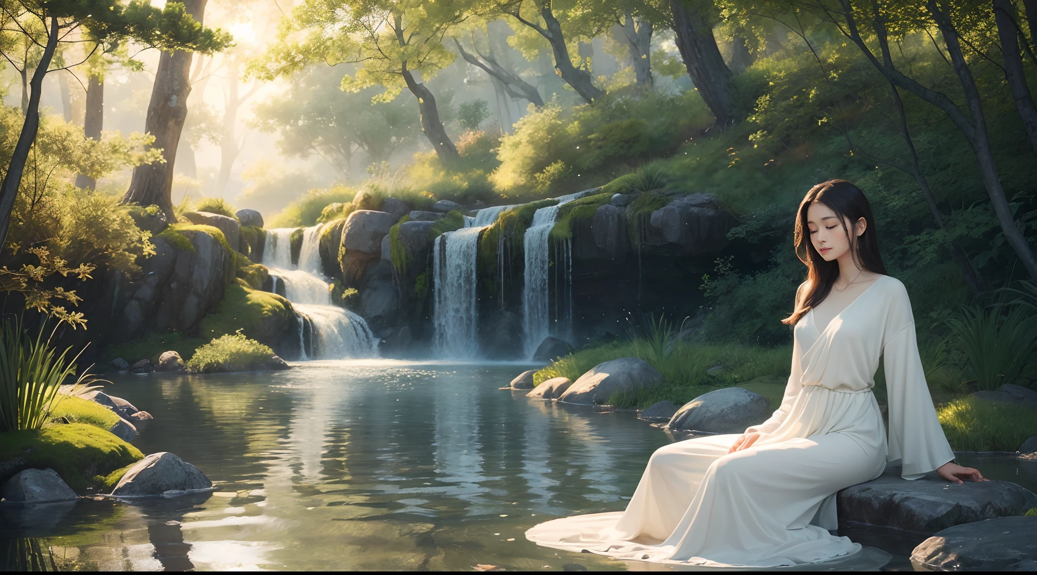 Create a digital masterpiece that captures the essence of tranquility and serenity. Incorporate either a gracefully beautiful woman in a serene natural landscape, using a harmonious blend of colors and soft textures. Your artwork should evoke a sense of inner peace and calm, inviting viewers to escape into a world of soothing beauty.