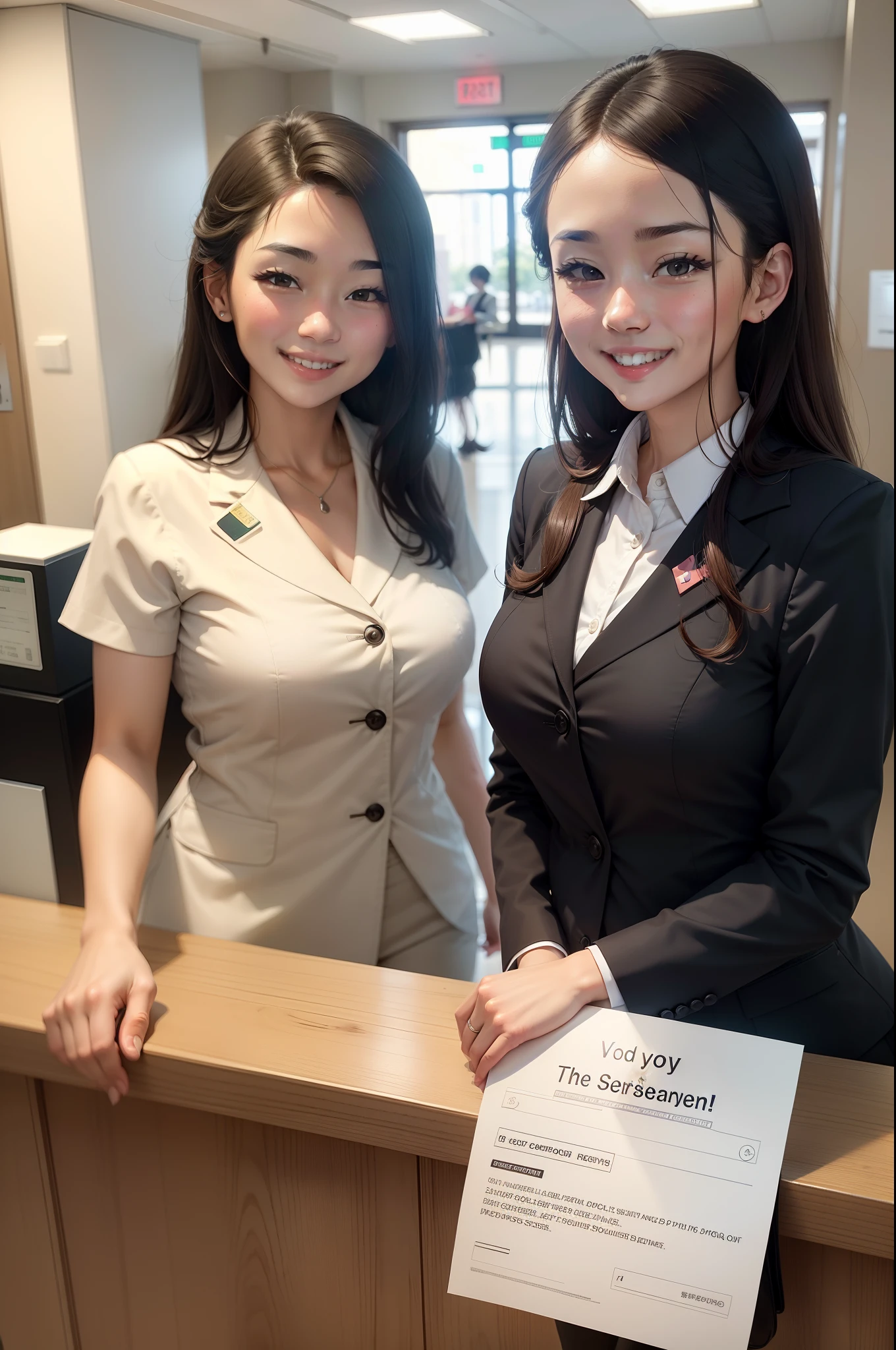 In front of the reception desk of the registry office、Receptionist greeting customers with a smile
