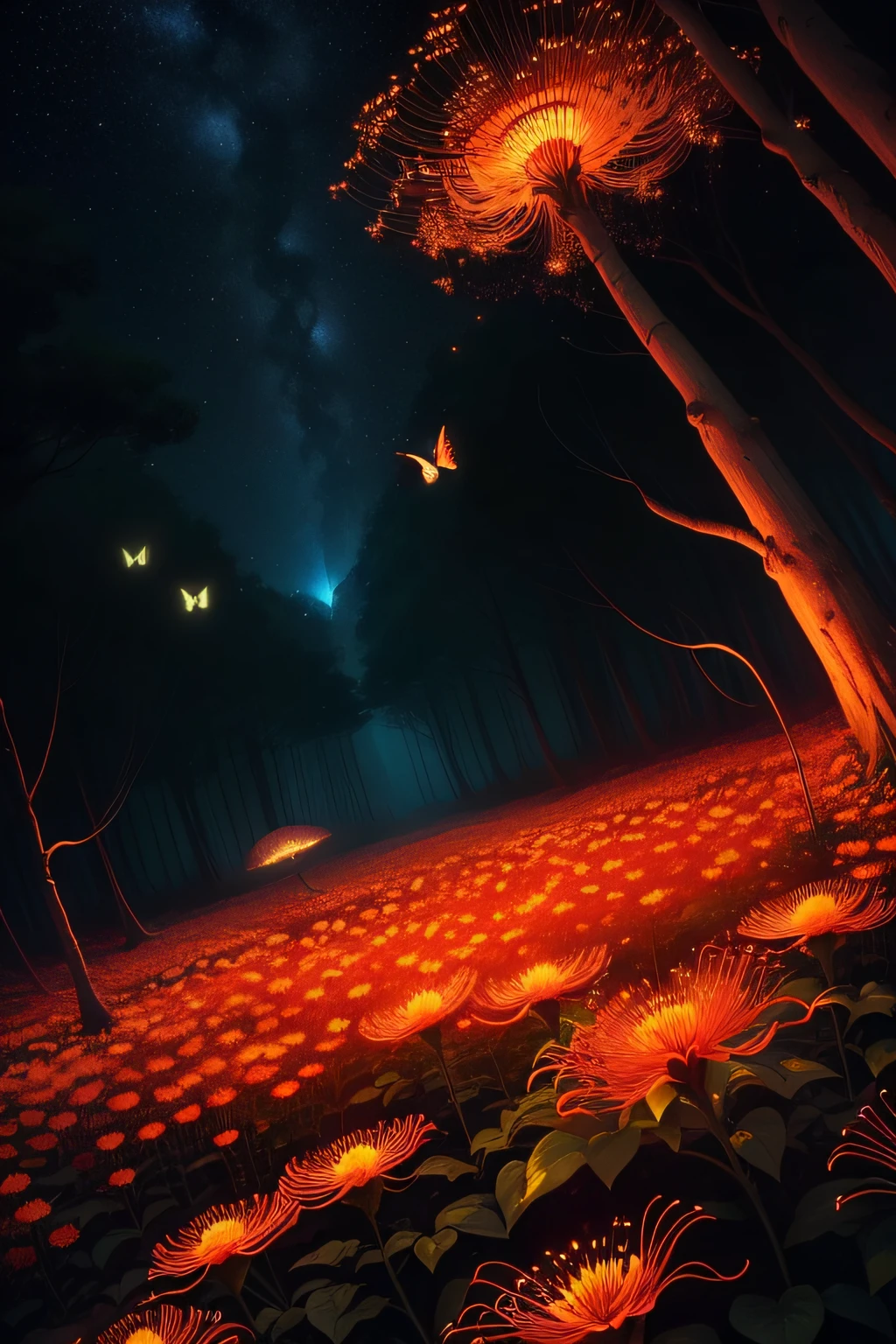 (A forest of spider lilies) ,(The flowers glow red ) , ( Night scenery ) , ( a few Butterflies flew around glowing yellow ) , ( Large space filled with flowers ) , ( Sharp images , exquisite )