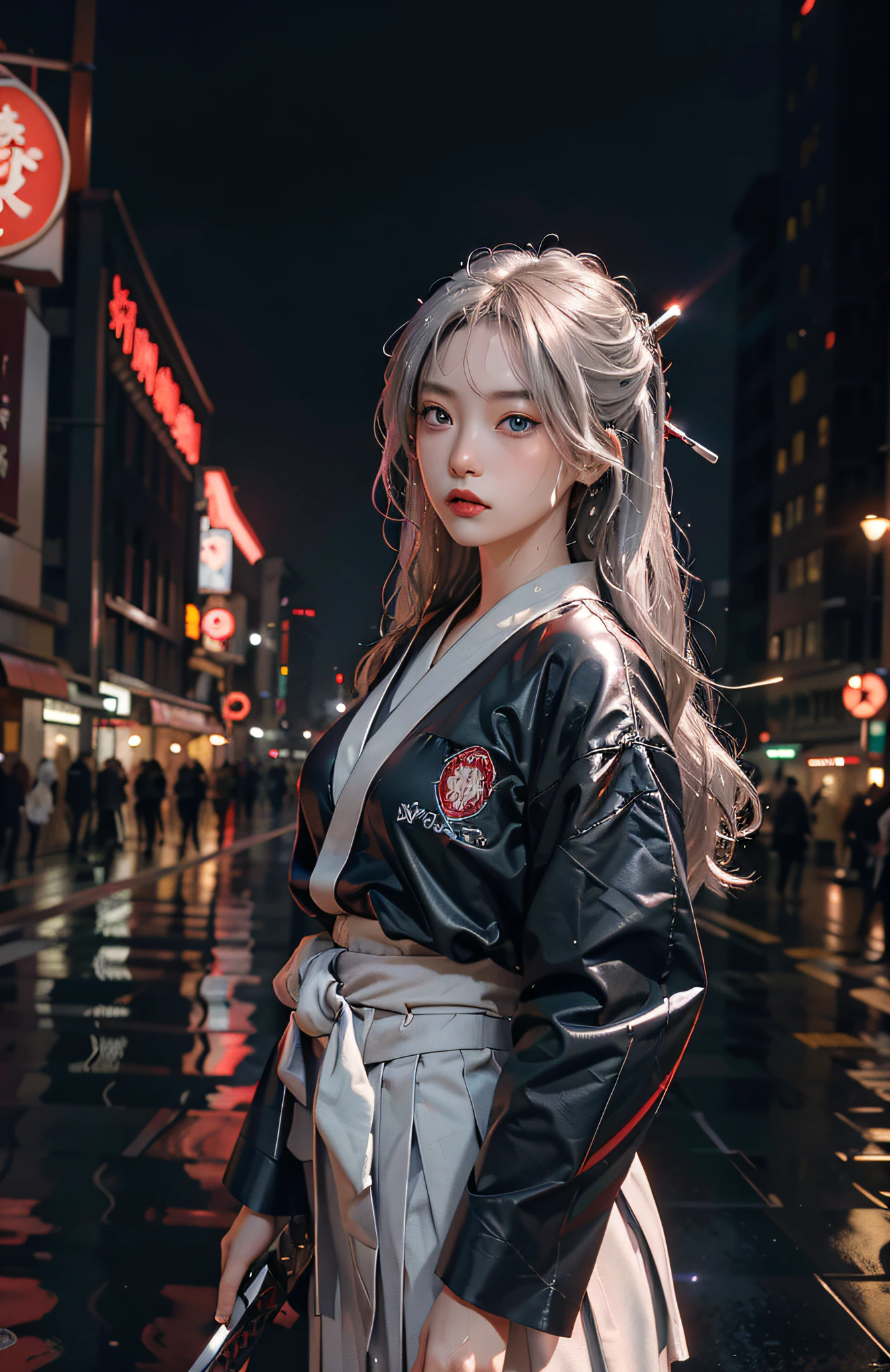 (Masterpiece, Best quality, CG:1.2), Breathtaking schoolgirls, (Long silver hair:1.1), piercing blue eyes, (Samurai school uniform:1.2), Crimson Obi, (Sparkling silver katana:1.3), heavy rain poured, Wet streets of Tokyo, (sparkling reflections:1.2), Blurry city lights, towering skyscrapers, (Futuristic neon signboard:1.1), Misty atmosphere, Fierce expression, Dynamic stance, Middle pendulum, Splashing water, Intense action, Moody palette, epic battle scene, Movie Angle, A samurai sword is pinned to his waist