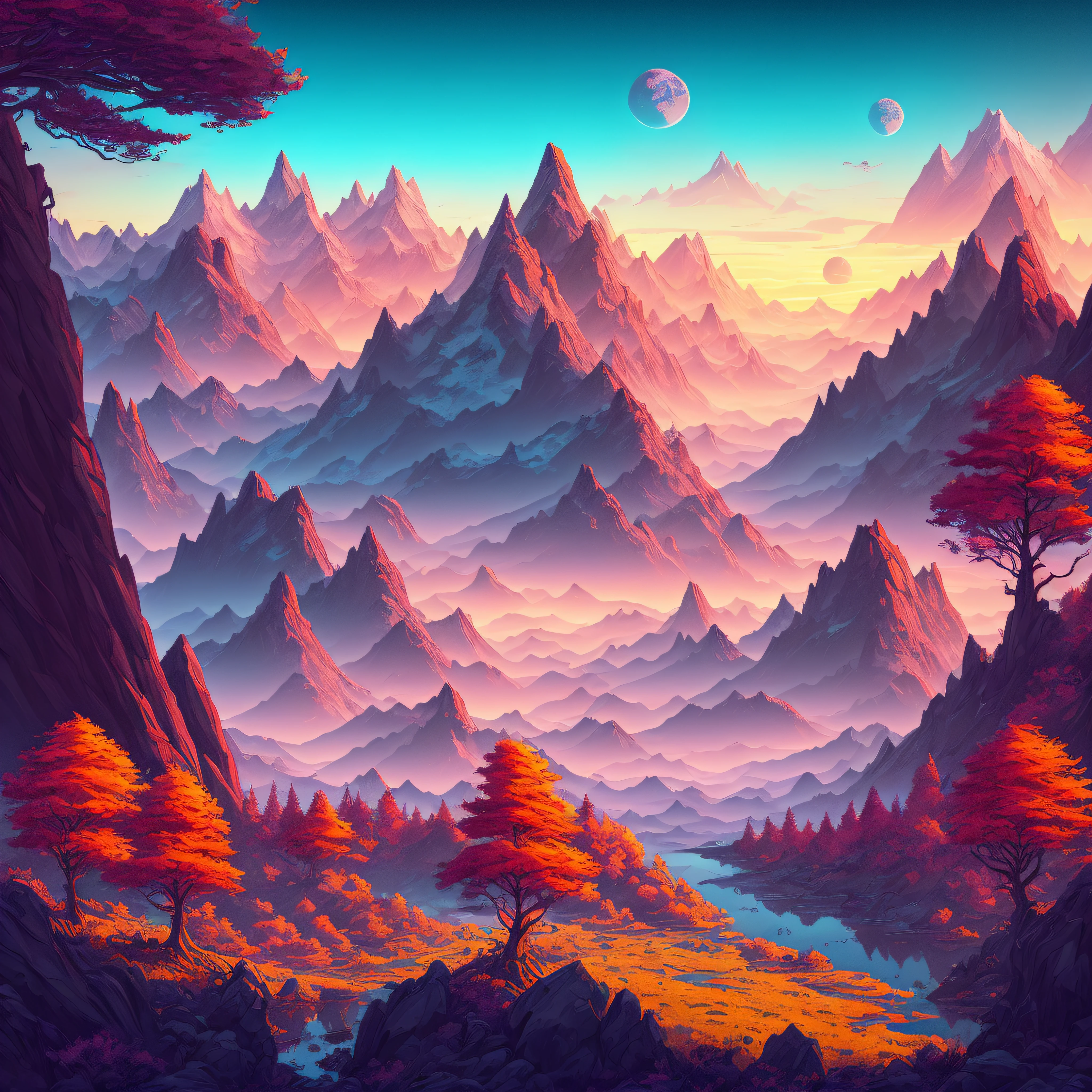 Mountains and trees in the foreground of sunset scene, jen bartel, Beautiful art UHD 4 K, scenery art detailed, autumn mountains, highly detailed digital artwork, Justin Gerard, 4k highly detailed digital art, Detailed painting 4 K, 8K high quality detailed art, 4K detailed digital art, 4k detailed art, 8K stunning artwork
