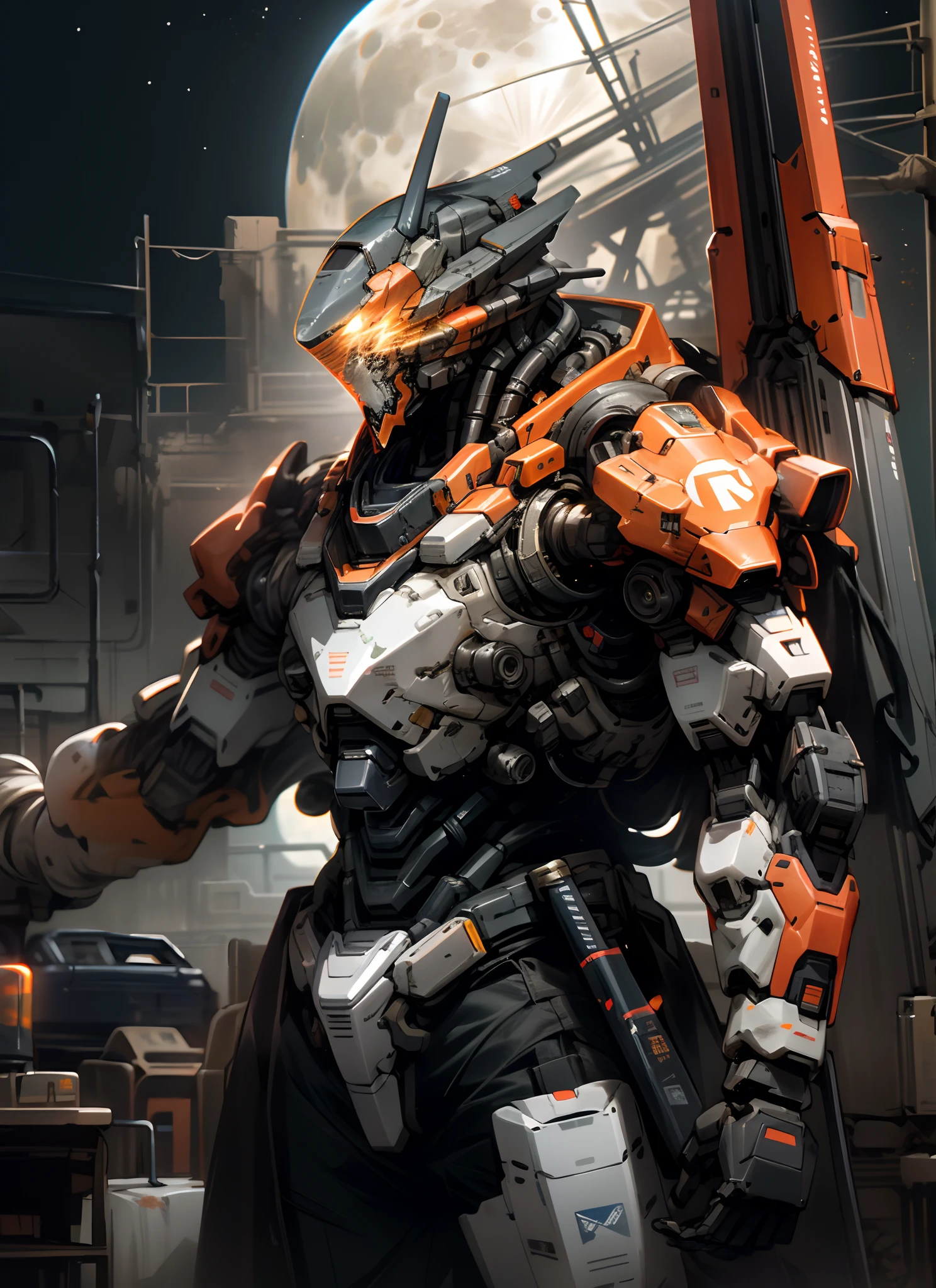 On the moon,barren planets, ruins, holding_weapon, no_humans, glowing, robot, building, glowing_eyes,orange mecha, science_fiction,  realistic,mecha,Milky Way Galaxy background,neon,cyberpunk,