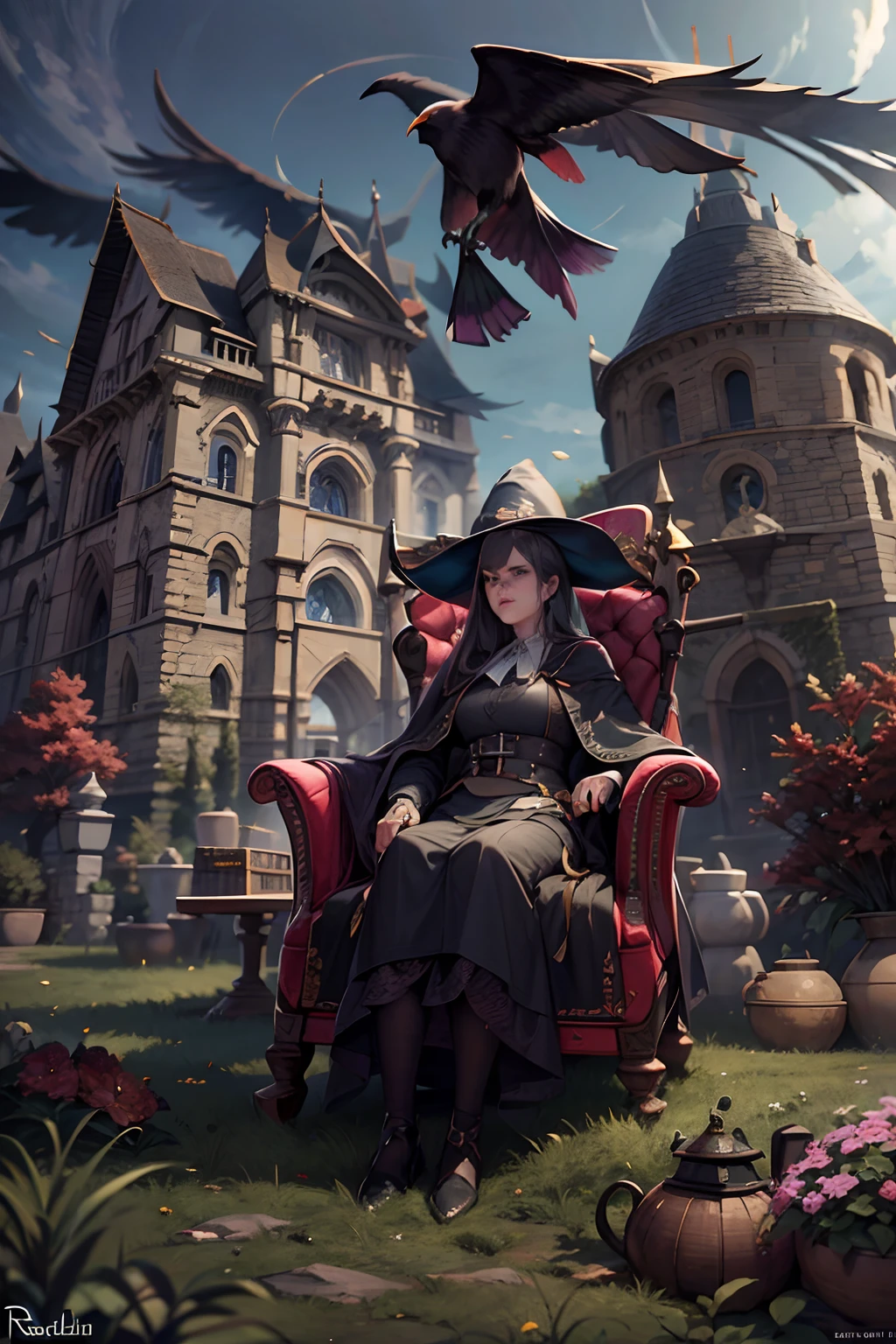 An old witch sits in a Kadilau chair in the background，She was holding a Soniste crow ，gloomy castle，solid color backdrop，clean backdrop，depth of fields，high light，Real light，Ray traching，OC renderer，UE5 renderer，Hyper-realistic，best qualtiy，8K，Works of masters，super-fine，Detailed pubic hair，Correct anatomy，