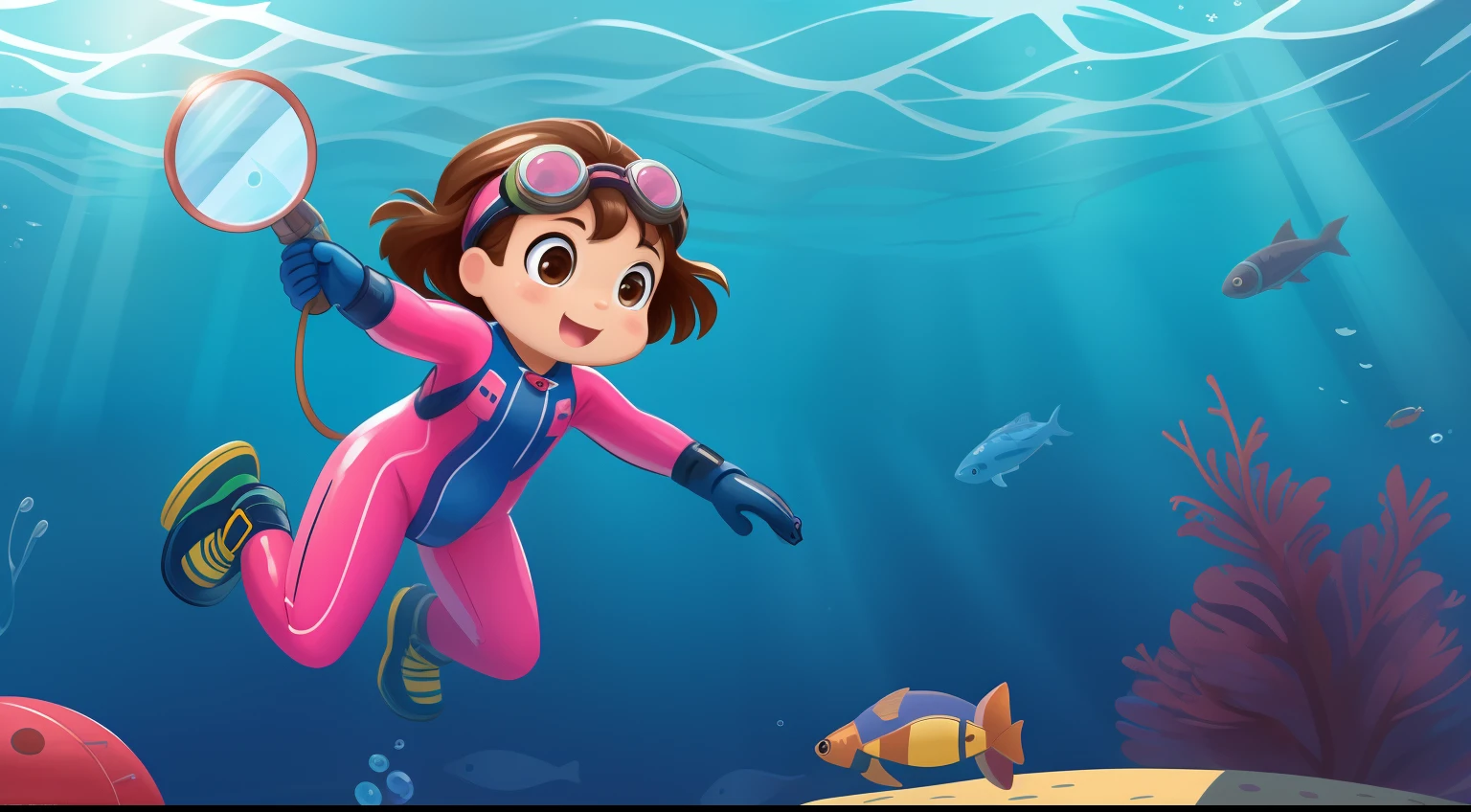 A 5--old l searching for little fish in the deep sea with a magnifying glass, brown hair, brown eyes, rosy cheeks, diving goggles, pink diving suit, diving gloves, diving shoes, in a children's book illustration style, full-body.