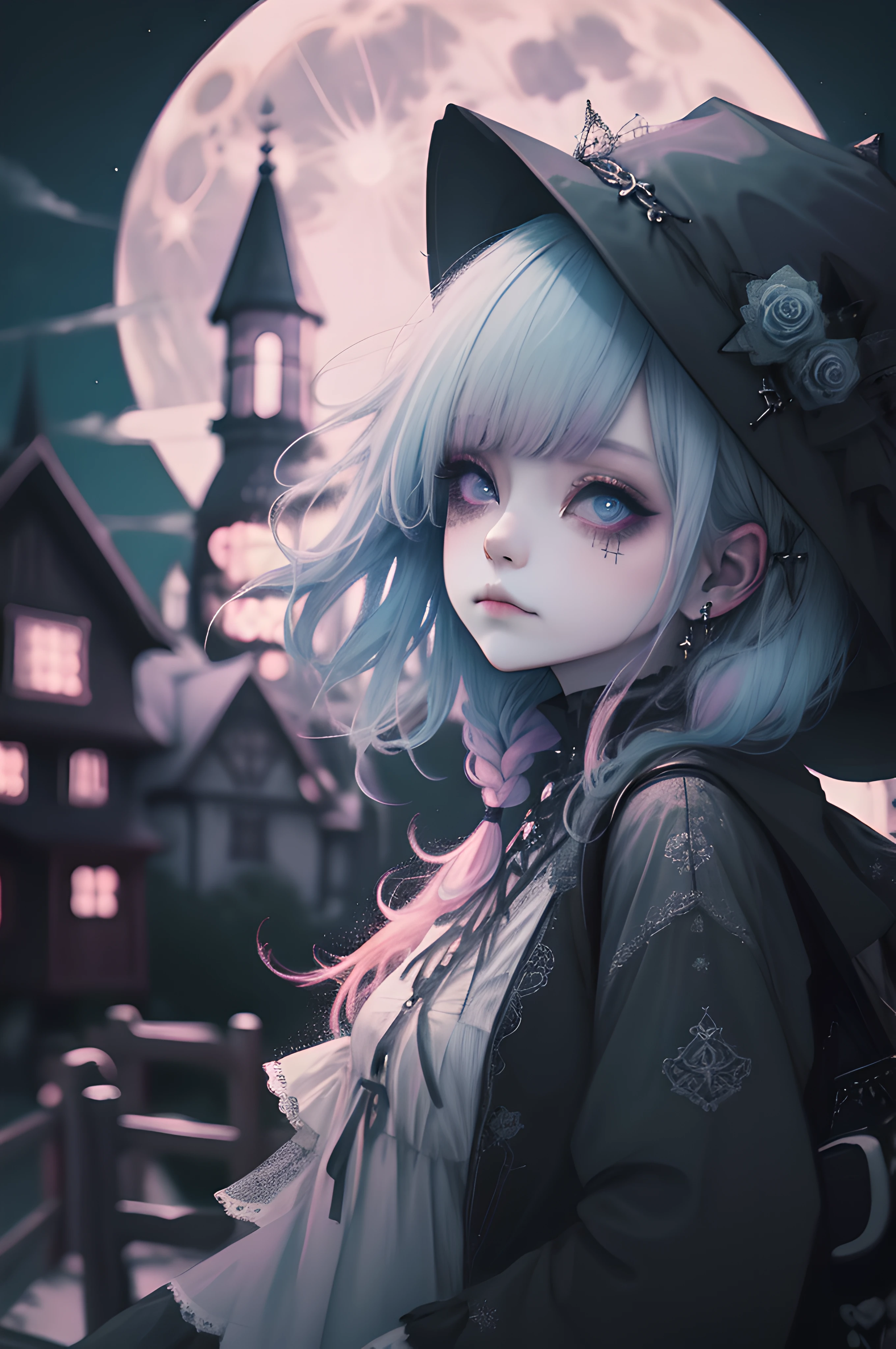 8K, masterpiece, best quality, night, full moon, a cute sweet witch, gothic style, cottage background, (cinematic light:1.1), light blue and pink tetradic colors
