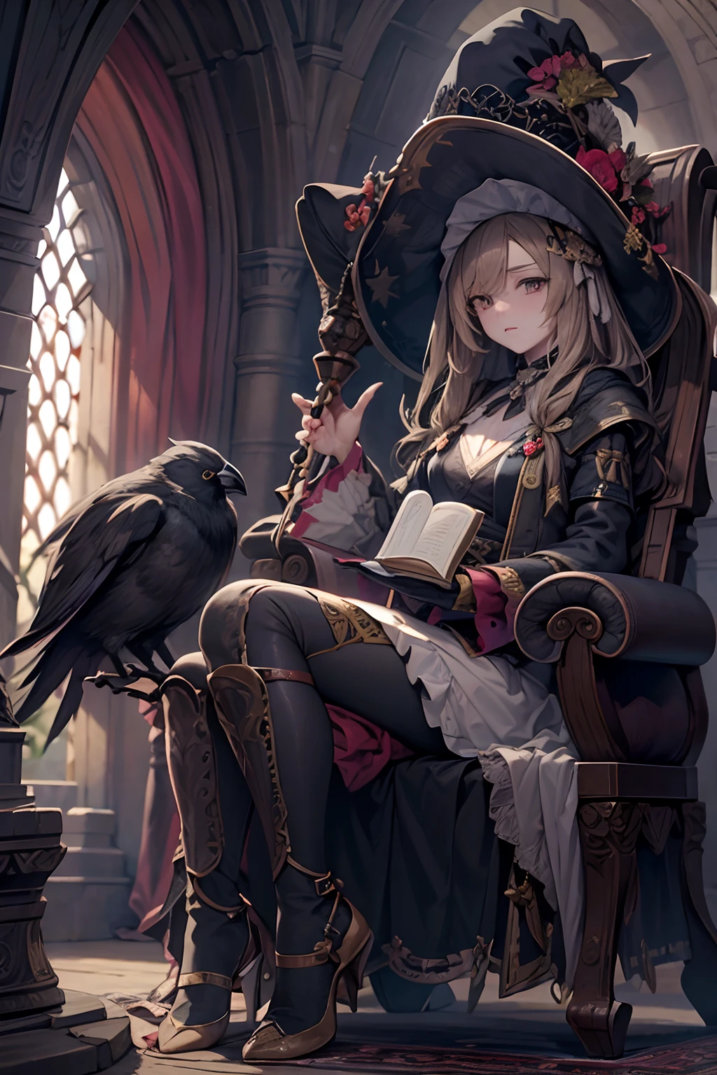 An old witch sits in a Kadilau chair in the background，She was holding a Soniste crow ，gloomy castle，solid color backdrop，clean backdrop，depth of fields，high light，Real light，Ray traching，OC renderer，UE5 renderer，Hyper-realistic，best qualtiy，8K，Works of masters，super-fine，Detailed pubic hair，Correct anatomy，