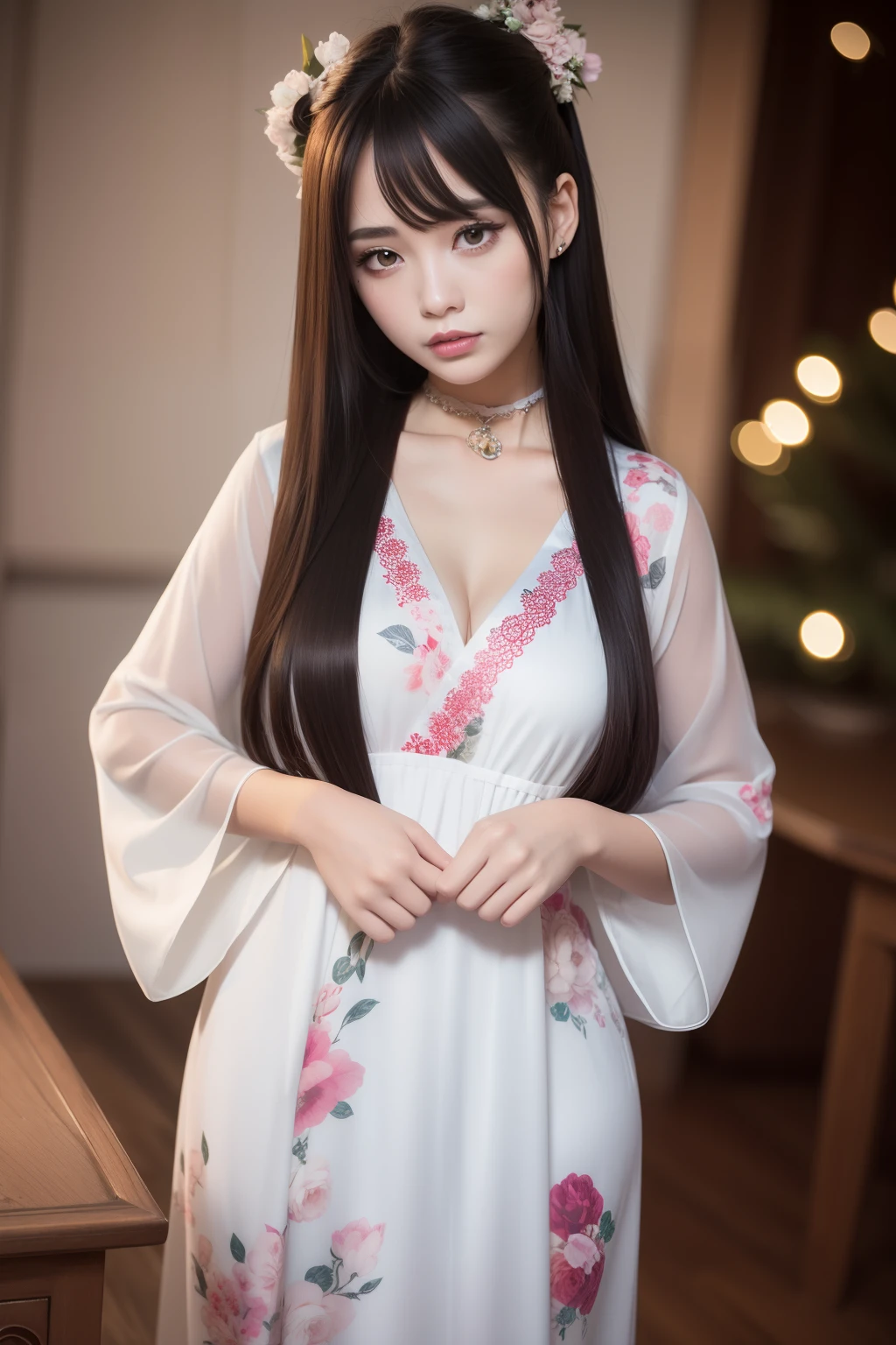 best qualtiy,tmasterpiece,A high resolution,1girll,Girl with long hair and waist,Hanfu nightdress,Floral hanfu nightdress,Hanfu nightdress,Printed tulle nightdress,hair adornments,choker necklace,jewely,beautiful face,Red high-gloss lipstick,Physically,crisp breasts,Dingdall effect,realisticlying,Dark Studio,edge lit,twotonelighting,(highdetailskin:1.2),hyper HD, Digital SLR, softlighting, high high quality, volumettic light, sneak shot, photore, A high resolution, 4K, 8K, Background bokeh,