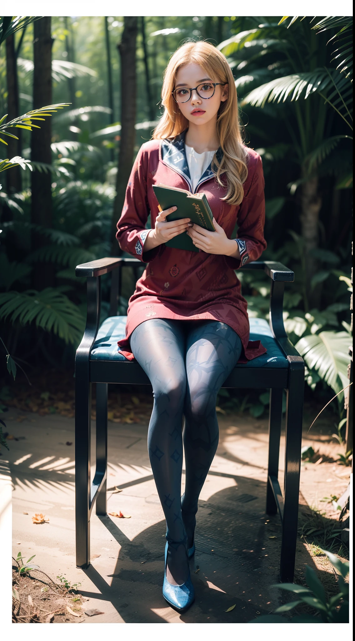 (full body:1.5)，(((1girl)):1.3),(view the viewer:1.4)，((anatomy correct):1.45),((Sitting in the forest):1.2),(He wears large glasses and holds a book in his hand:1.15),(shy:1.15)，(red Sailor dress with ribbons:1.2),((((((Patterned))))) ,(pantyhose):1.3),( Uniform high heels leather shoes with bows for female students:1.1)，(Accurate and perfect face:1.3),(Blue-eyed blonde:1.2)，hyper HD, Ray traching, reflective light， structurally correct, Award-Awarded, high detail, lighten shade contrast, Face lighting ，cinematic lighting, masterpiece, super detailing, high quality, high detail, best quality, 16k，High contrast,