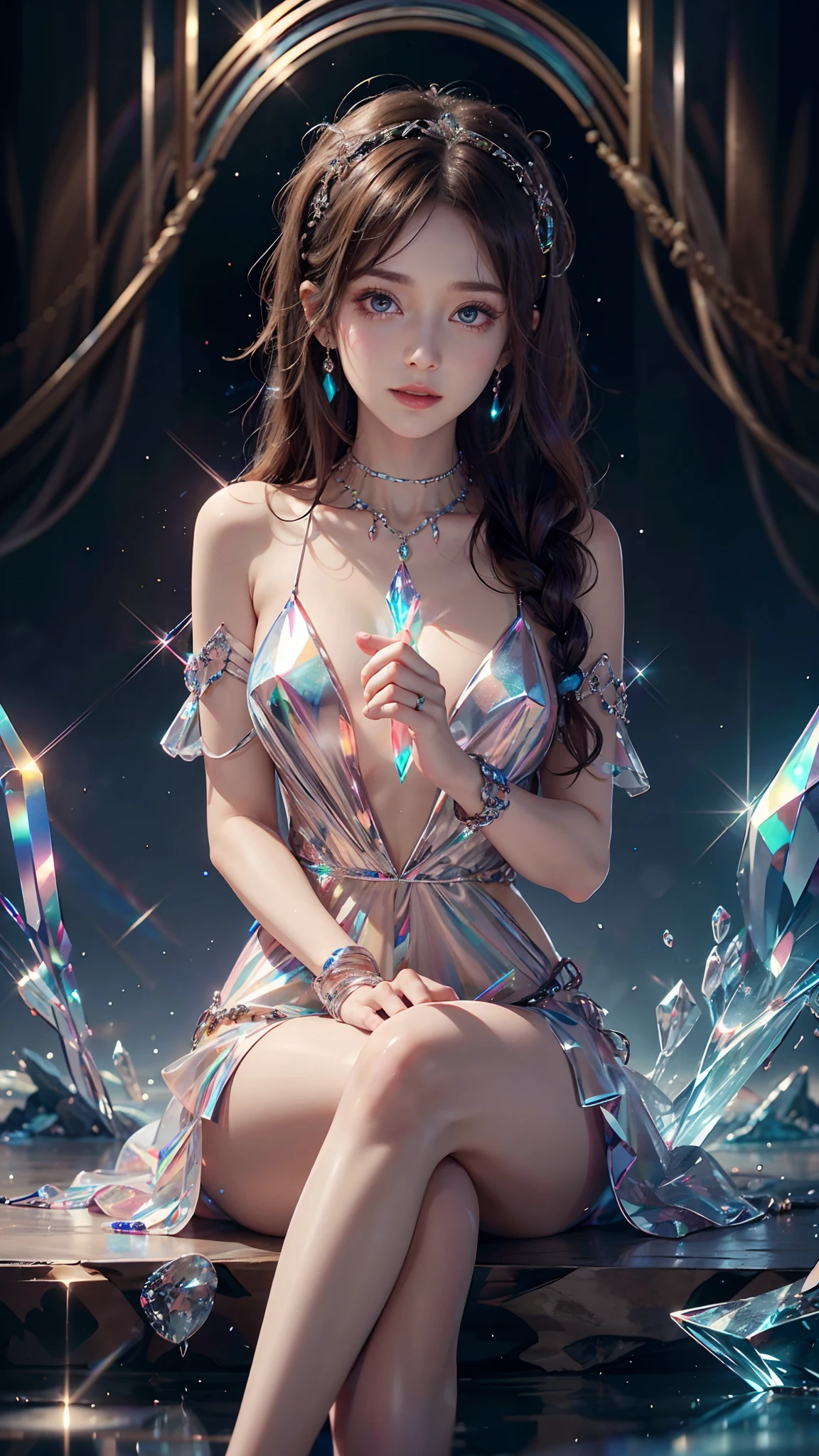 ultra hd, 8k quality, a girl, happy, very long hair, setailed eyes, glossy lips, rainbow Crystal dress, rainbow dress, colorful crystals, reflecting lights on crystals, spreading lights, sitting pose, whole body capture,