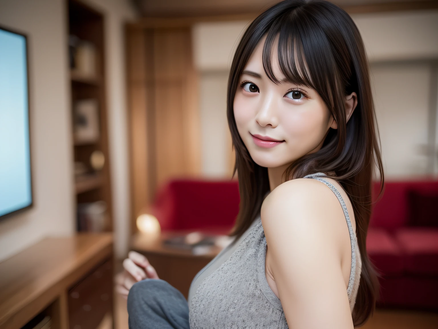 Woman in plain clothes posing in living room、Harsh flash photography、Young beautiful gravure idol、[photos realistic]!!,Candid flash photography、magnifica、Masa Nakayama、flash photo、Sui Ishida、adult lady、Point to the left