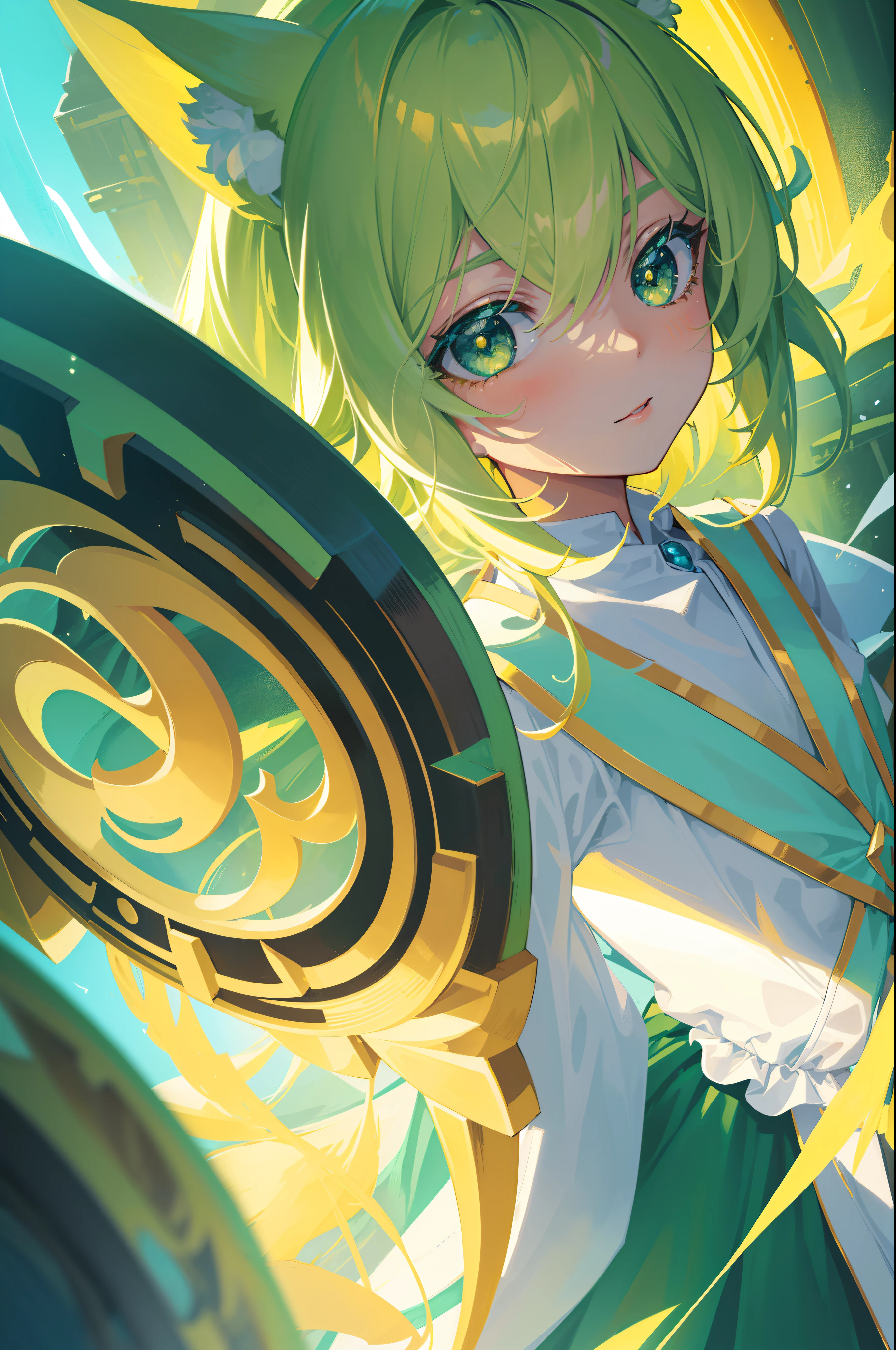 {{Best quality}}, {{Masterpiece}}, {{super ultra detail}}, {{illustration}}, {{Detailed light}}, one-girl，Lime yellow hair，O cabelo multicolorido, Turquoise eyes, Loli style,( beast ear)，The robes of the priests，green color，(Dynamic lighting:1.2)，