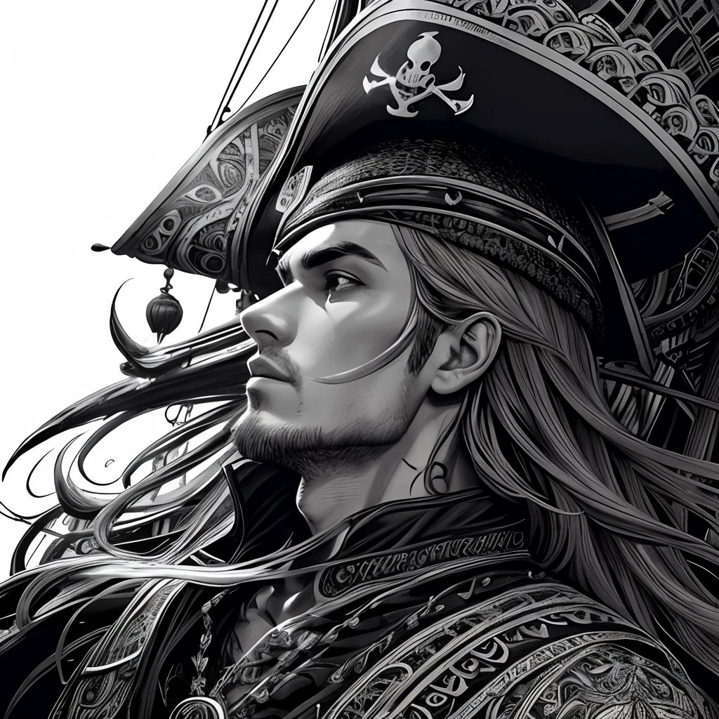 Centred potrait of a male Pirate, black and white, zentangle (best quality) ultra-detailed, fine line drawing, fine line art, coloring book illustration style, intricate linework, highly detailed illustration, perfect composition, beautiful and stunning, dynamic angle, high contrast, incredible shading, incredible detail, unique style, black and white details, (dark and mystical atmosphere), intricate and detailed nature elements.