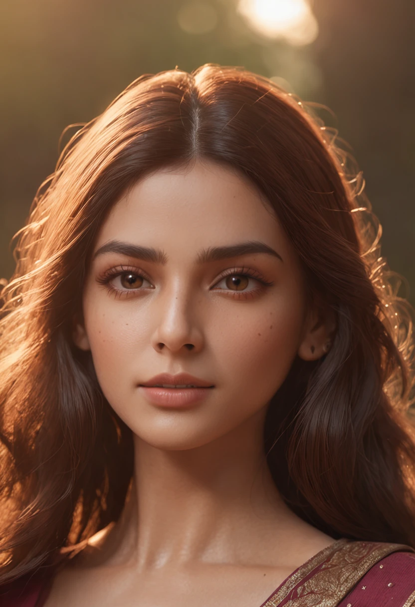 an ultra realistic  shot of a very beautiful Indian modern woman with gorgeous brown hair posing for a picture, extremely detailed and clear facial features, realistic barbie doll,  realistic anime art style, The color palette consists of warm, golden tones reflecting the sunlight. Her eyes, filled with the colors of a vibrant sunset, captivate the viewer. The illustration radiates a sense of ethereal beauty and connection to nature, cinematic, Hyper-detailed, insane details, Beautifully color graded, Unreal Engine, DOF, Super-Resolution, Megapixel, Cinematic Lightning, Anti-Aliasing, FKAA, TXAA, RTX, SSAO, Post Processing, Post Production, Tone Mapping, CGI, VFX, SFX, Insanely detailed and intricate, Hyper maximalist, Hyper realistic, Volumetric, Photorealistic, ultra photoreal, ultra-detailed, intricate details, 8K, Super detailed, Full color, Volumetric lightning, HDR, Realistic, Unreal Engine, 16K, Sharp focus, cgsociety 9