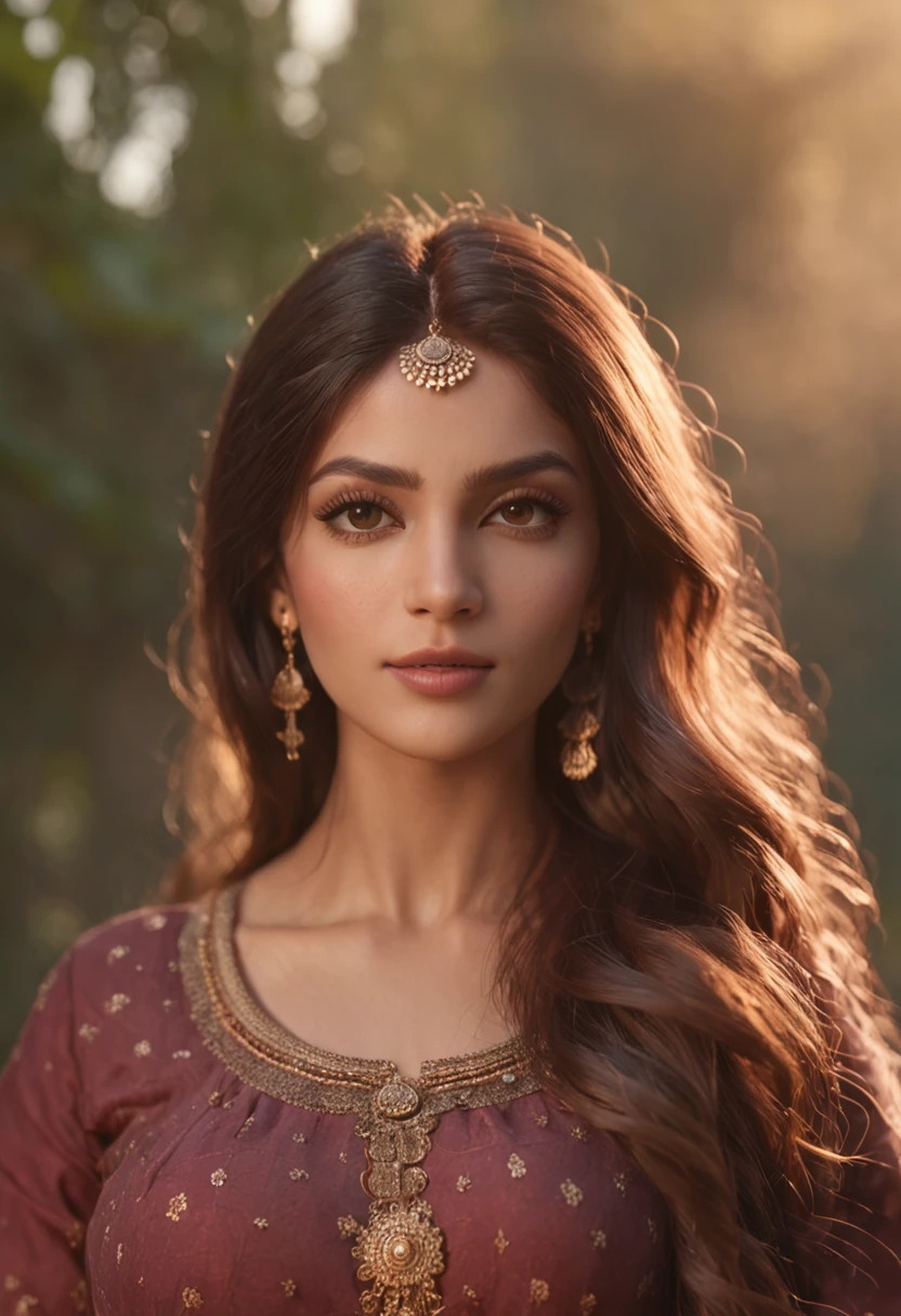 an ultra realistic shot of a very beautiful Indian modern woman with gorgeous brown hair posing for a picture, extremely detailed and clear facial features, realistic barbie doll, realistic anime art style, The color palette consists of warm, golden tones reflecting the sunlight. Her eyes, filled with the colors of a vibrant sunset, captivate the viewer. The illustration radiates a sense of ethereal beauty and connection to nature, cinematic, Hyper-detailed, insane details, Beautifully color graded, Unreal Engine, DOF, Super-Resolution, Megapixel, Cinematic Lightning, Anti-Aliasing, FKAA, TXAA, RTX, SSAO, Post Processing, Post Production, Tone Mapping, CGI, VFX, SFX, Insanely detailed and intricate, Hyper maximalist, Hyper realistic, Volumetric, Photorealistic, ultra photoreal, ultra-detailed, intricate details, 8K, Super detailed, Full color, Volumetric lightning, HDR, Realistic, Unreal Engine, 16K, Sharp focus, cgsociety 9