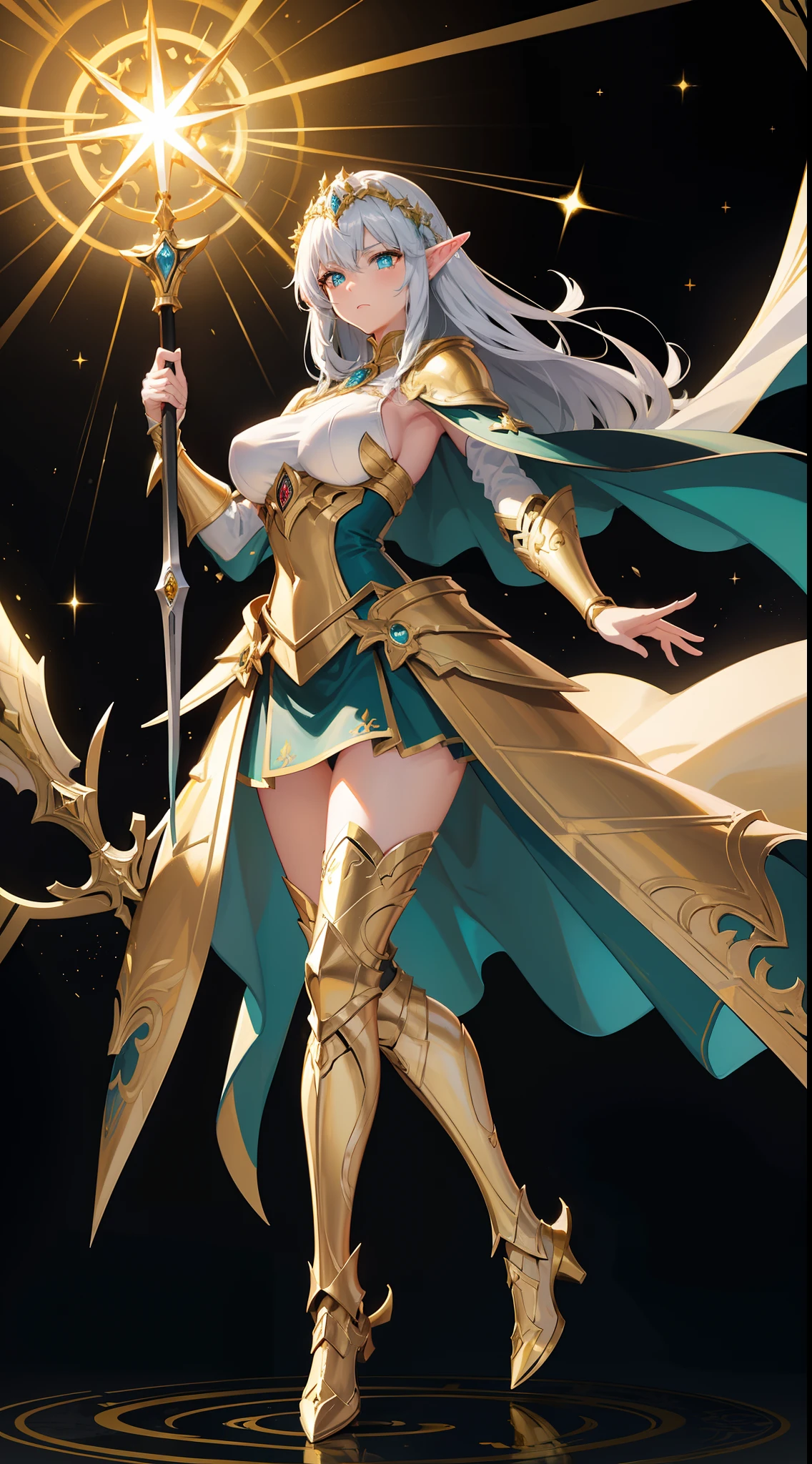 Draw Alana Pendragon in a regal and commanding pose. She stands tall with Excalibur planted firmly beside her, exuding authority and power. Her shining silver armor decorated with Celtic patterns and dragons, and her royal blue cloak with a golden lining flow majestically. Her long light brown hair and deep emerald green eyes with a golden glow emphasize her powerful presence. Add a luminous, golden aura around her to highlight her mythic abilities and noble heritage.