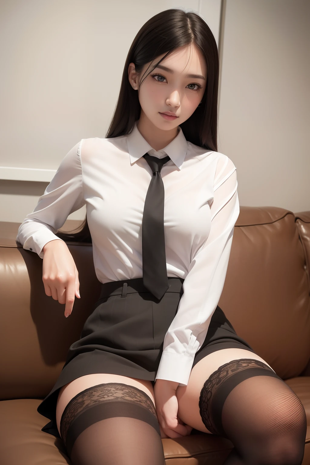 (8k), (best quality), (masterpiece:1.2), (realistic), (photorealistic:1.0), ultra-detailed, 1girls, cute, smile, beautiful detailed eyes, beautiful detailed nose, full body, wearing big business shirt, black over-knee socks, socks texture must be natural, sit in a sofa, from below, realistic skin texture, attractive face, Half Korean and half Filipino,