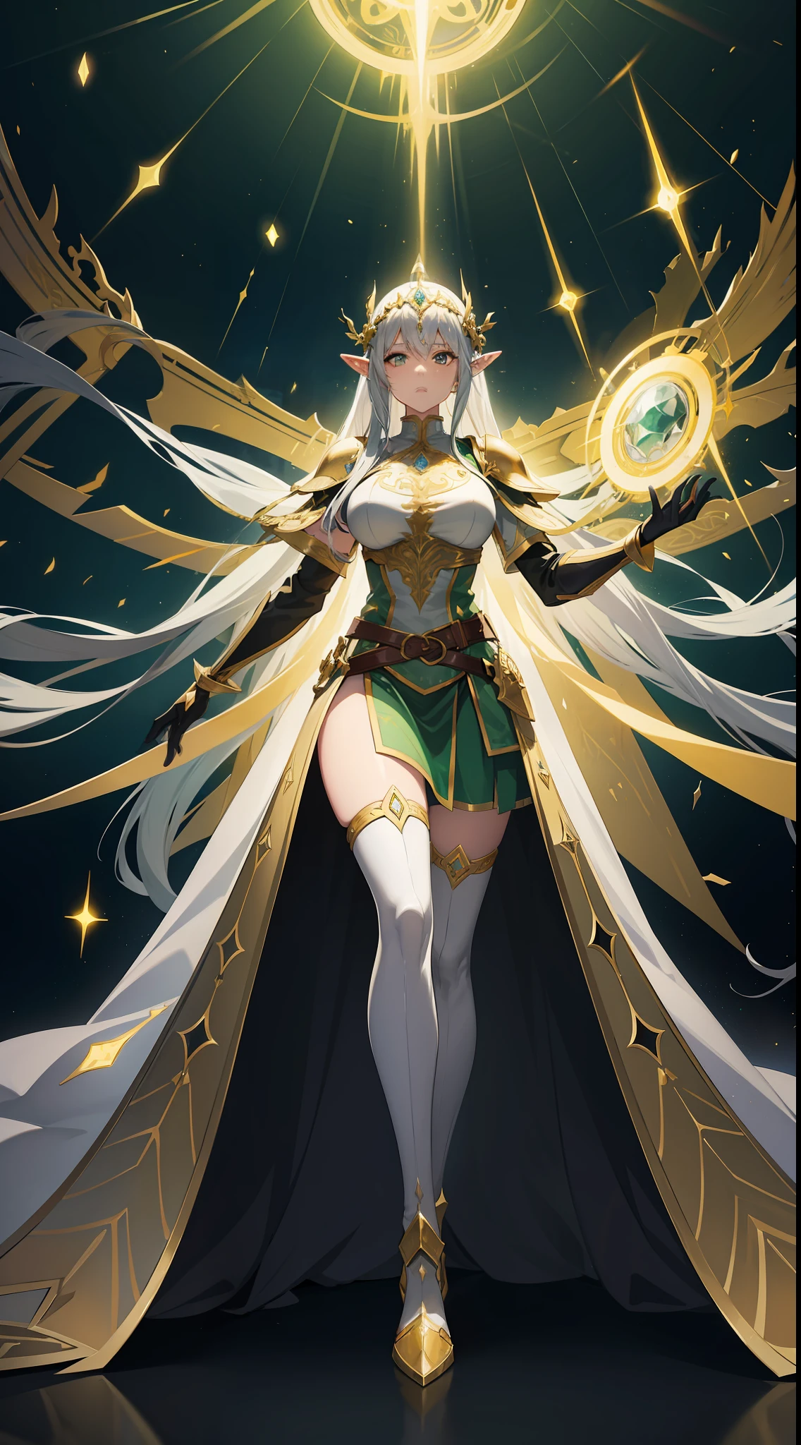female elf royal knight, vine crest, golden and silver color armor with fairy icon and steel battle armor skirt, short design hand silver glove, golden color cape, golden belt, huge magic circle behind, pauldron in fairy style, silver color bracelet, right hand silver color huge sword and left hand holding silver color huge shield, multicolor golden and green color hair, empress aura, yellow color glowing pupil, 16k best anime wallpaper quality, masterpieces, solo, extreme pupil detail, fantasy mythic art, movie lighting, original character, heavy make up, holy glowing and windy effect, figure body shape, church background