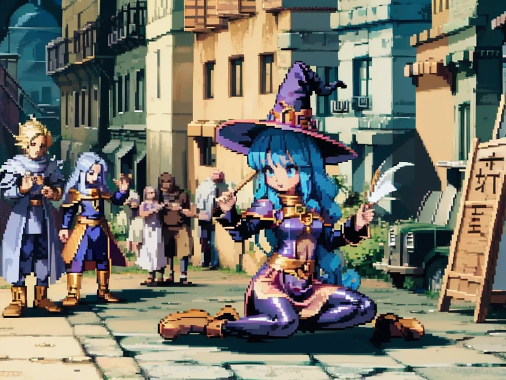 Witch Girl, Familiar Cat, RPG, Dragon quest, masterpiece, super detail, best quality, PIXEL ART, VIDEO GAME, 2D SPRITE