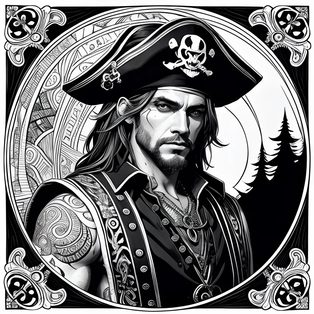 Centred potrait of a male Pirate, black and white, zentangle (best quality) ultra-detailed, fine line drawing, fine line art, coloring book illustration style, intricate linework, highly detailed illustration, perfect composition, beautiful and stunning, dynamic angle, high contrast, incredible shading, incredible detail, unique style, black and white details, (dark and mystical atmosphere), intricate and detailed nature elements.
