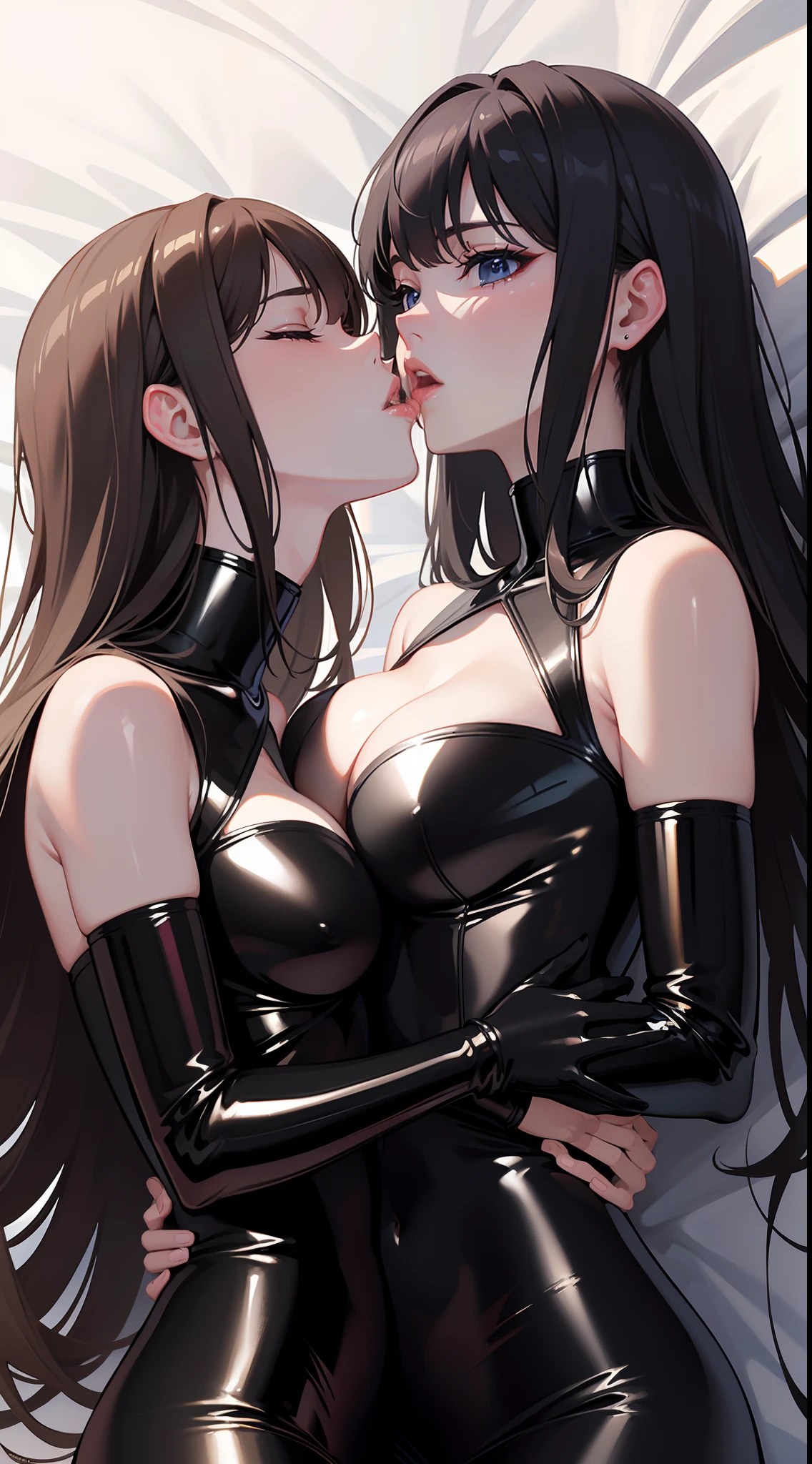 8k, highres, ultra detailed (masterpiece:1.4), Best quality, beautiful woman in latex, kissing another beautiful woman in latex dress, super realistic, saliva, deep kiss, kiss mouth to mouth, bedroom, lying on bed, rating:explicit