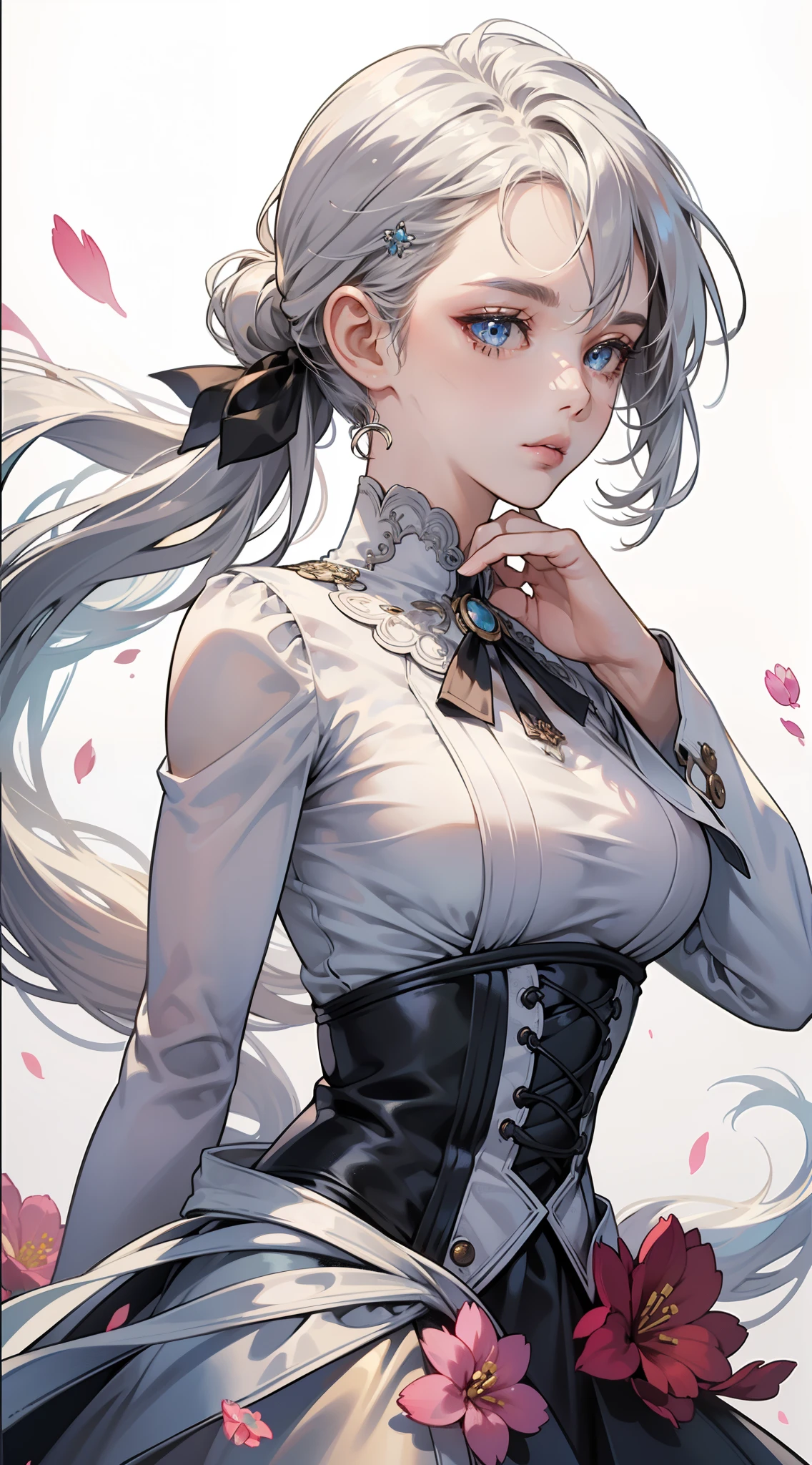 body shot, (Masterpiece), (Best Quality), (The ultra-detailed face),(Illustration), (1Girl), (Fashionable clothing), standing alluring, Fashion model, looking at viewer, (interview), (Simple background),Beautiful detailed eyes, Delicate beautiful face, Floating,(high saturation),(Colorful splash),Colorful bubbles,(glittering), body shot, miorine, light silver hair, hair rings, low ponytail, Floating flowers, (glittering), Best lighting, best shadows, Frontal shots, ((moderate breast:1.2)), ((focus on breast)), close up to face and upper body, ((cleavages:1.1)), perfect body
