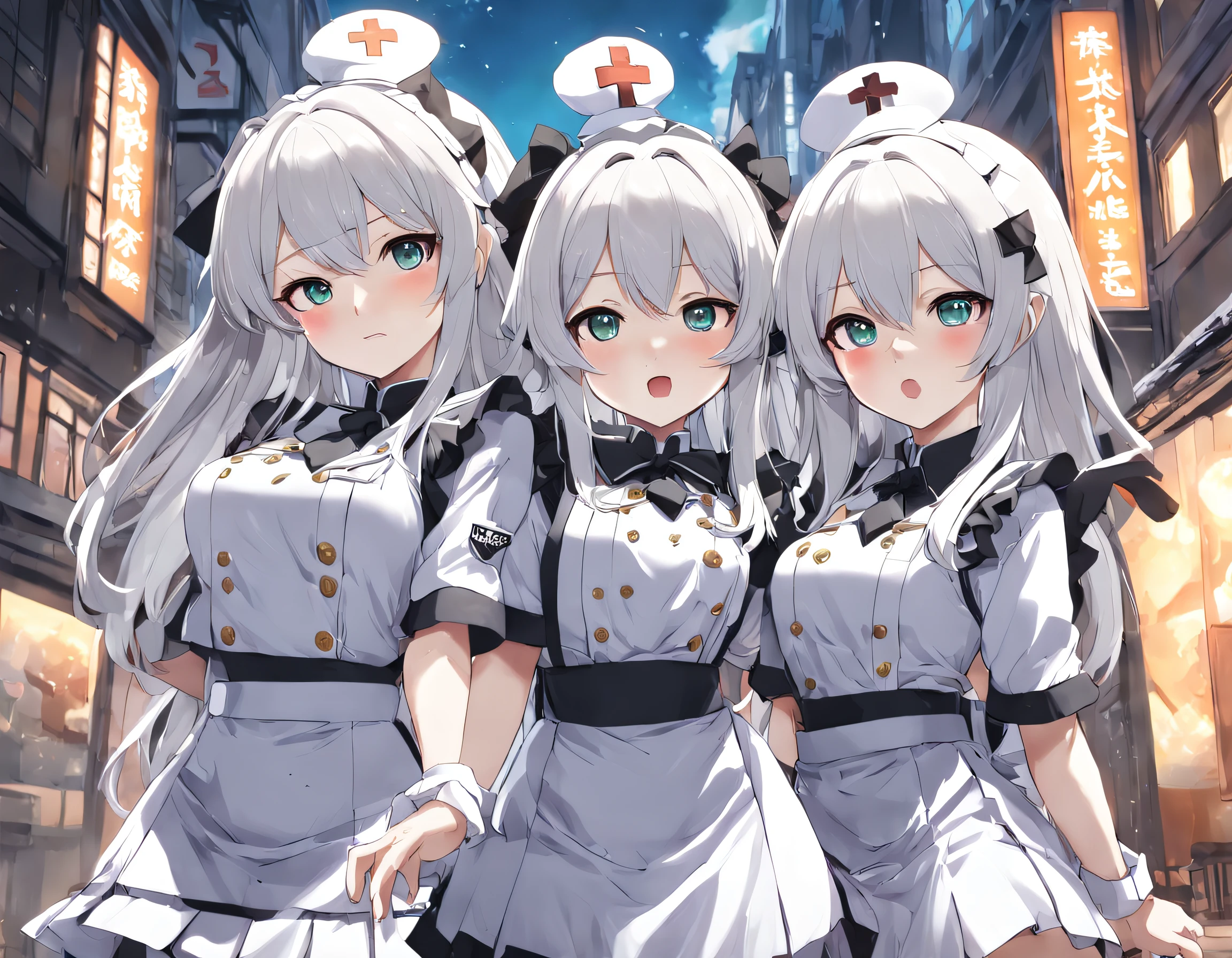 Anime character in white uniform posing in front of a building、anime girls in maid costumes、forefinger、anime moe art style、maid clothes、Marine Kitagawa Fan Art、finely detail。girls' frontline, hestia, girls' frontline, official artwork, High Detail Official Artwork, girls frontline style, girls frontline cg, overload