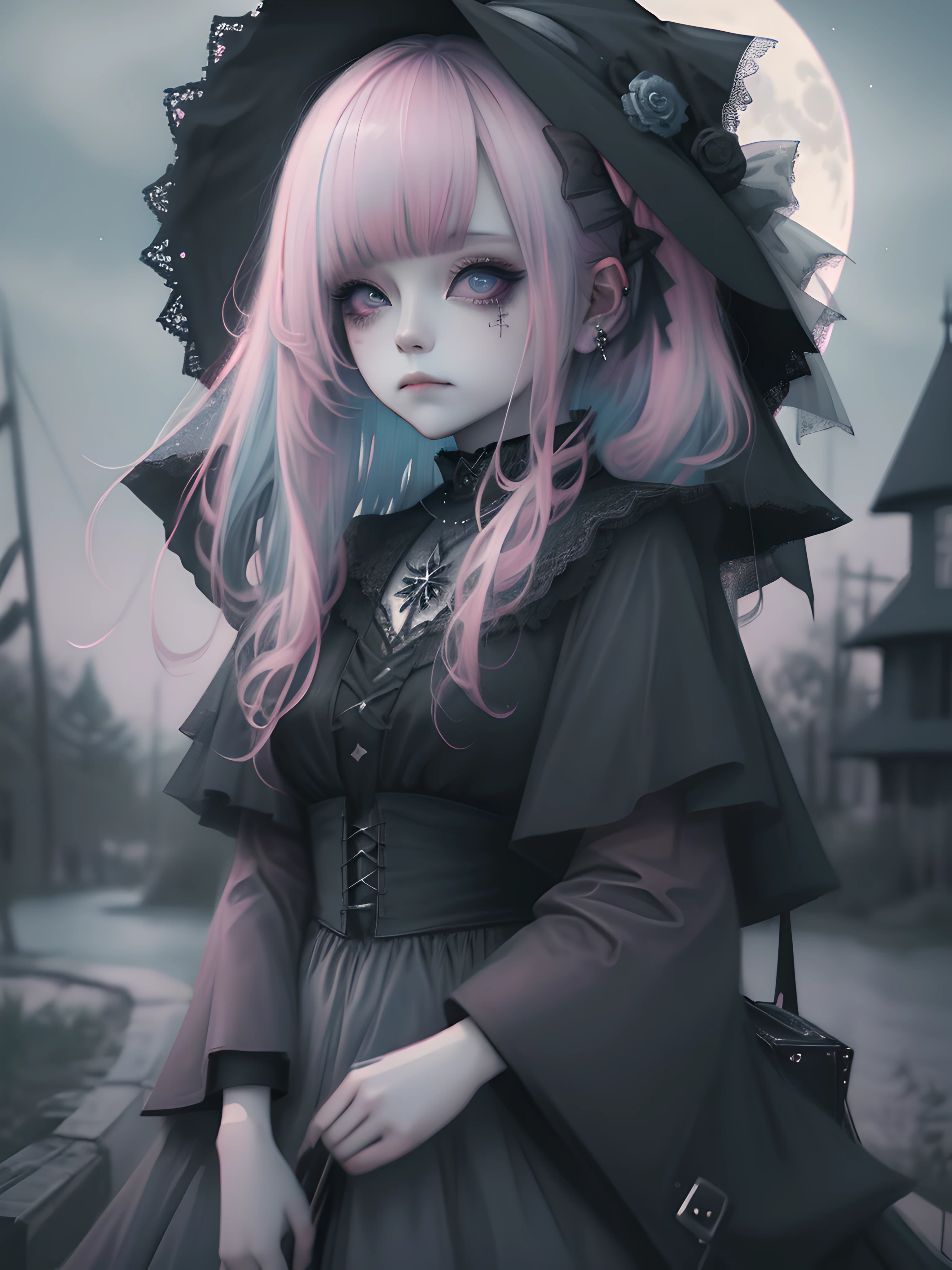 8K, masterpiece, best quality, night, full moon, a cute sweet witch, gothic style, cottage background, (cinematic light:1.1), light blue and pink tetradic colors