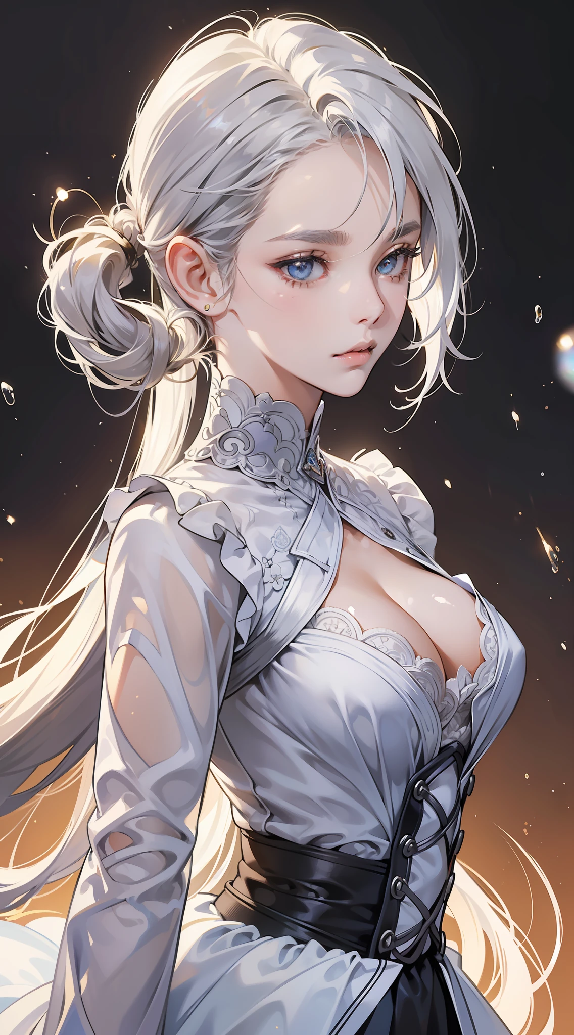 body shot, (Masterpiece), (Best Quality), (The ultra-detailed face),(Illustration), (1Girl), (Fashionable clothing), standing alluring, Fashion model, looking at viewer, (interview), (Simple background),Beautiful detailed eyes, Delicate beautiful face, Floating,(high saturation),(Colorful splash),Colorful bubbles,(glittering), body shot, miorine, light silver hair, hair rings, low ponytail, Floating flowers, (glittering), Best lighting, best shadows, Frontal shots, ((moderate breast:1.2)), ((focus on breast)), close up to face and upper body, ((cleavages:1.1)), perfect body