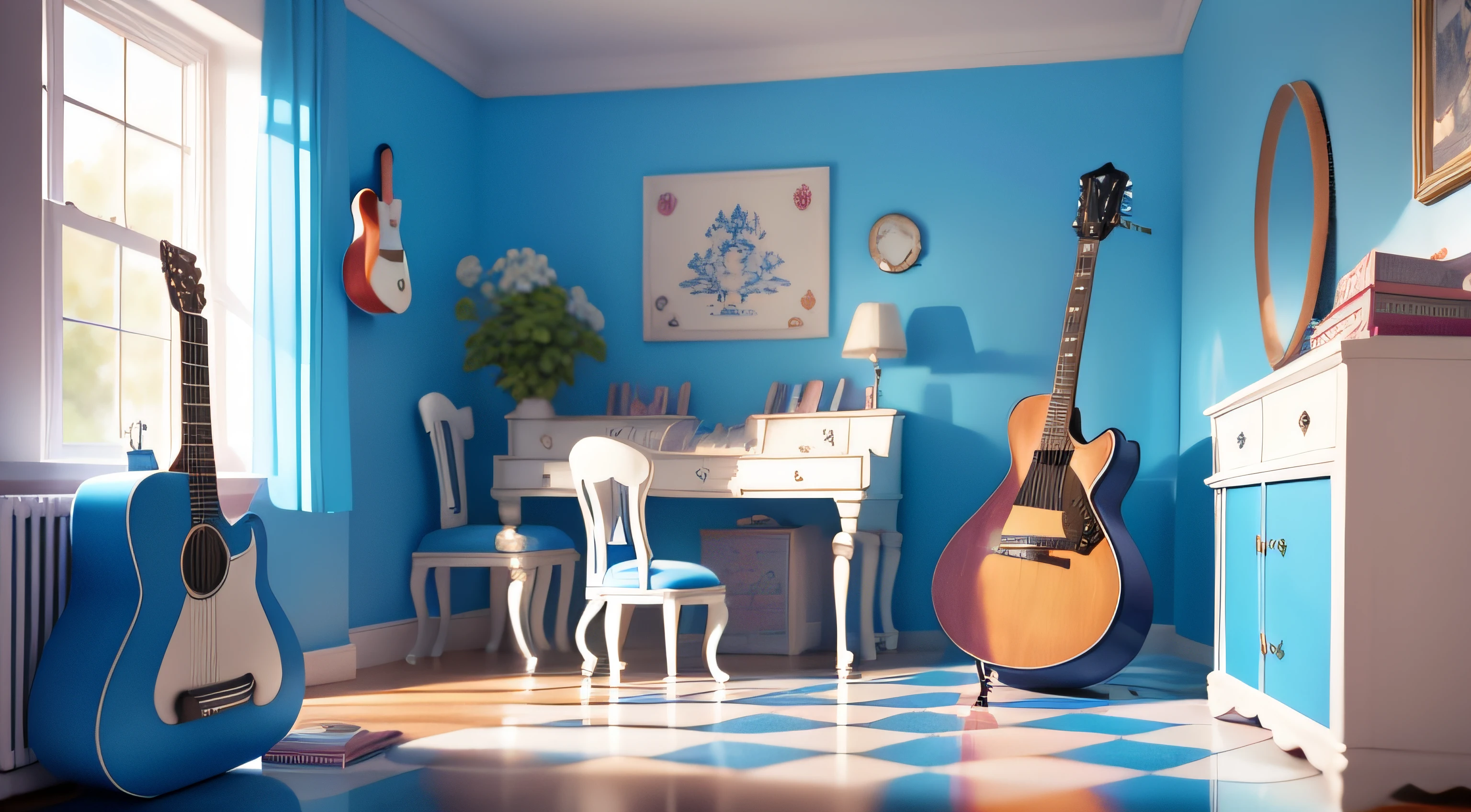 An Alice in Wonderland style room,There is a huge guitar in the middle,The floor is a checkerboard,Blue and white color scheme,oc,High details, 8K