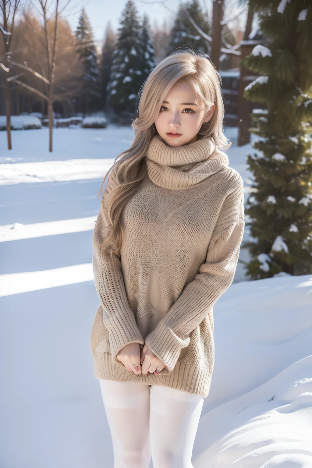 Winters，snow landscape，Beautiful teenage girl，lacepantyhose，Random color，long sweater，围巾，depth of fields，Real light，Ray traching，OC renderer，UE5 renderer，Hyper-realistic，best qualtiy，8K，Works of masters，super-fine，Detailed pubic hair，Correct anatomy