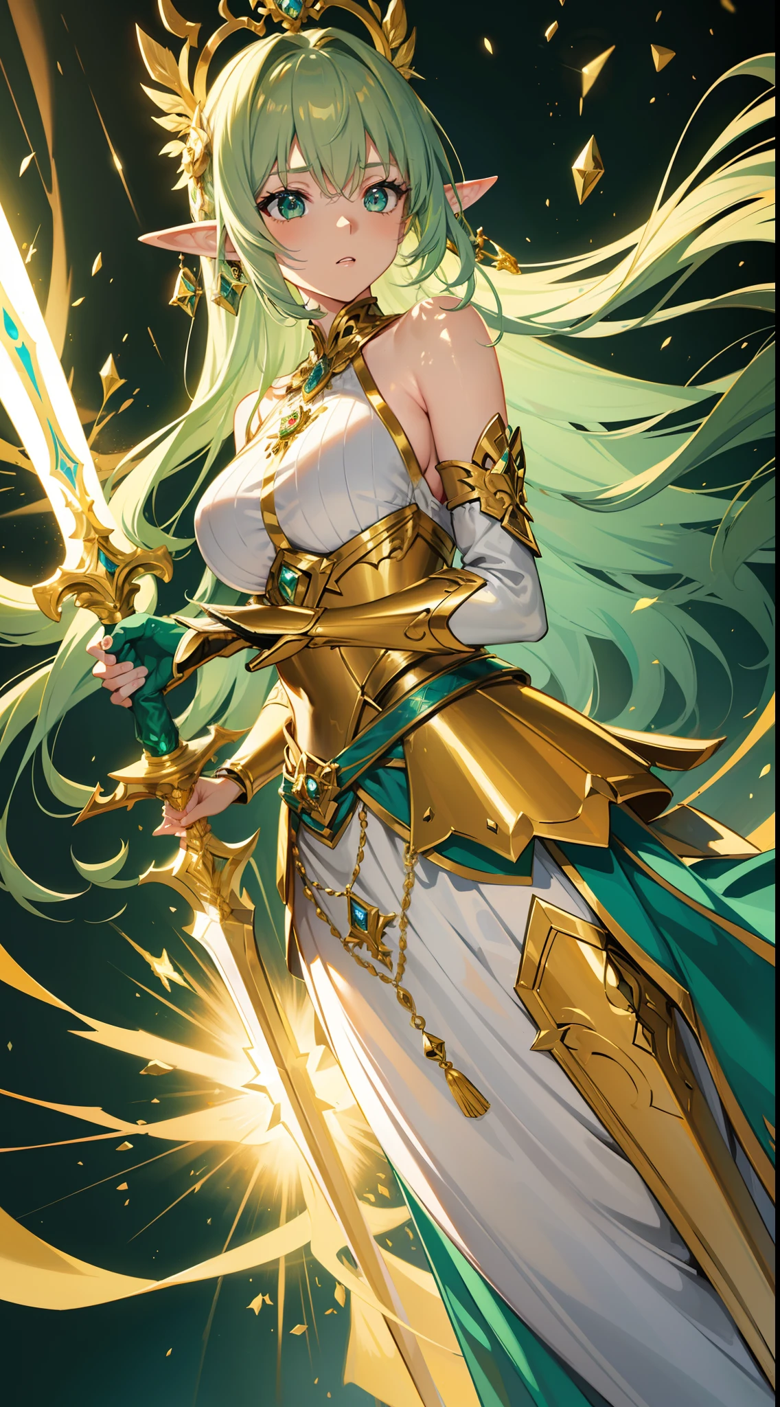 female elf royal knight, fairy crest, breast expose, golden and silver color armor with fairy icon and steel battle armor skirt, short design hand silver glove, golden color cape, golden belt, huge magic circle behind, pauldron in fairy style, silver color bracelet, ((right hand holding silver color huge board sword and left hand holding silver color huge shield)), multicolor golden and green color hair, empress aura, glowing green color pupil, 16k best anime wallpaper quality, masterpieces, solo, extreme pupil detail, fantasy mythic art, movie lighting, original character, heavy make up, holy glowing and windy effect, figure body shape, church background