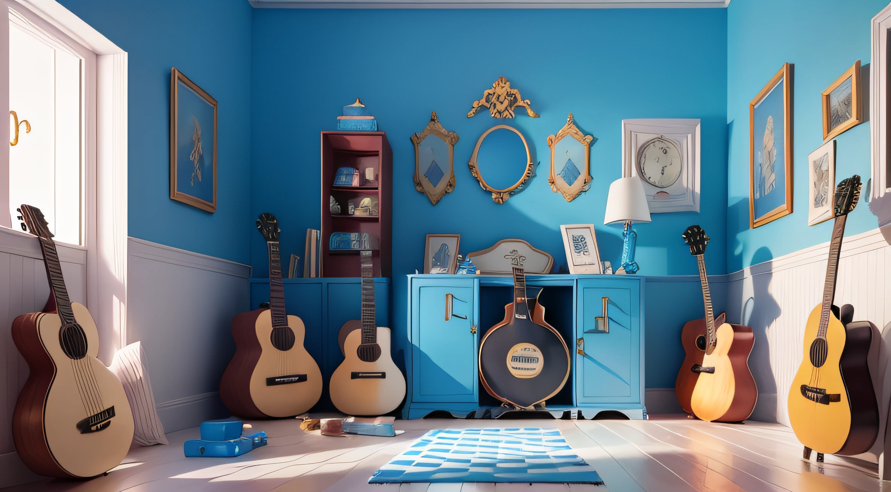 An Alice in Wonderland style room,There is a huge guitar in the middle,The floor is a checkerboard,Blue and white color scheme,oc,High details, 8K