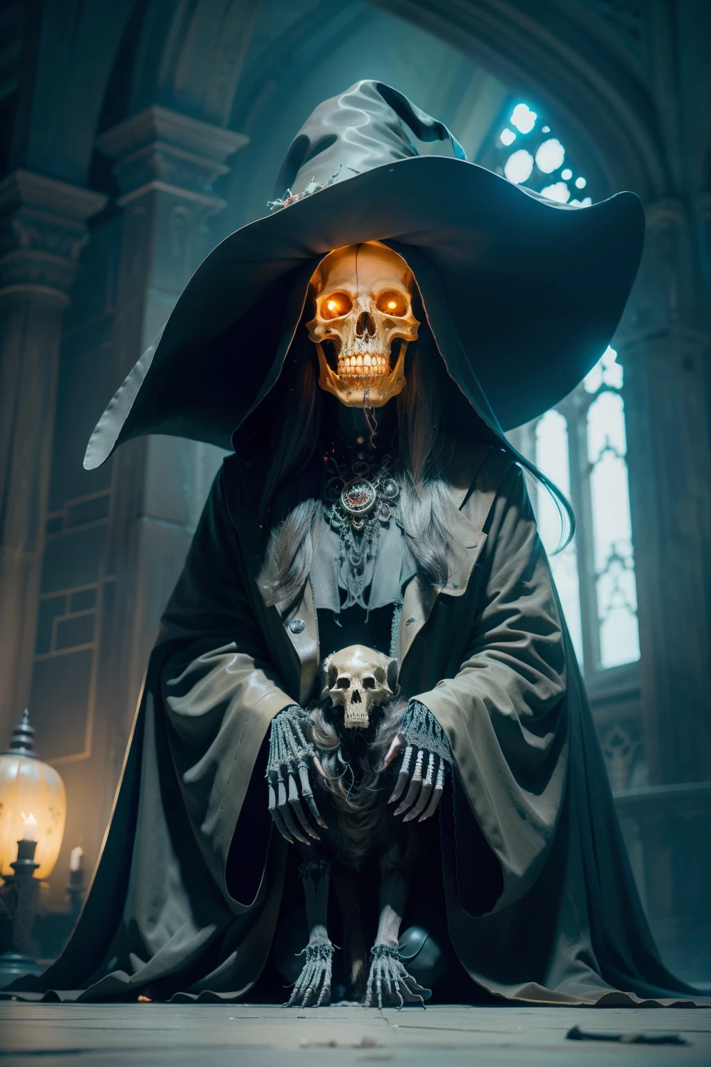(A beautiful witch sits in front of a super giant bear skeleton:1.4) ,gloomy castle,Spooky and terrifying,The skull is on the ground,depth of fields,high light,Real light,Ray traching,OC renderer,UE5 renderer,Hyper-realistic,best qualtiy,8K,Works of masters,super-fine,Detailed pubic hair,Correct anatomy,