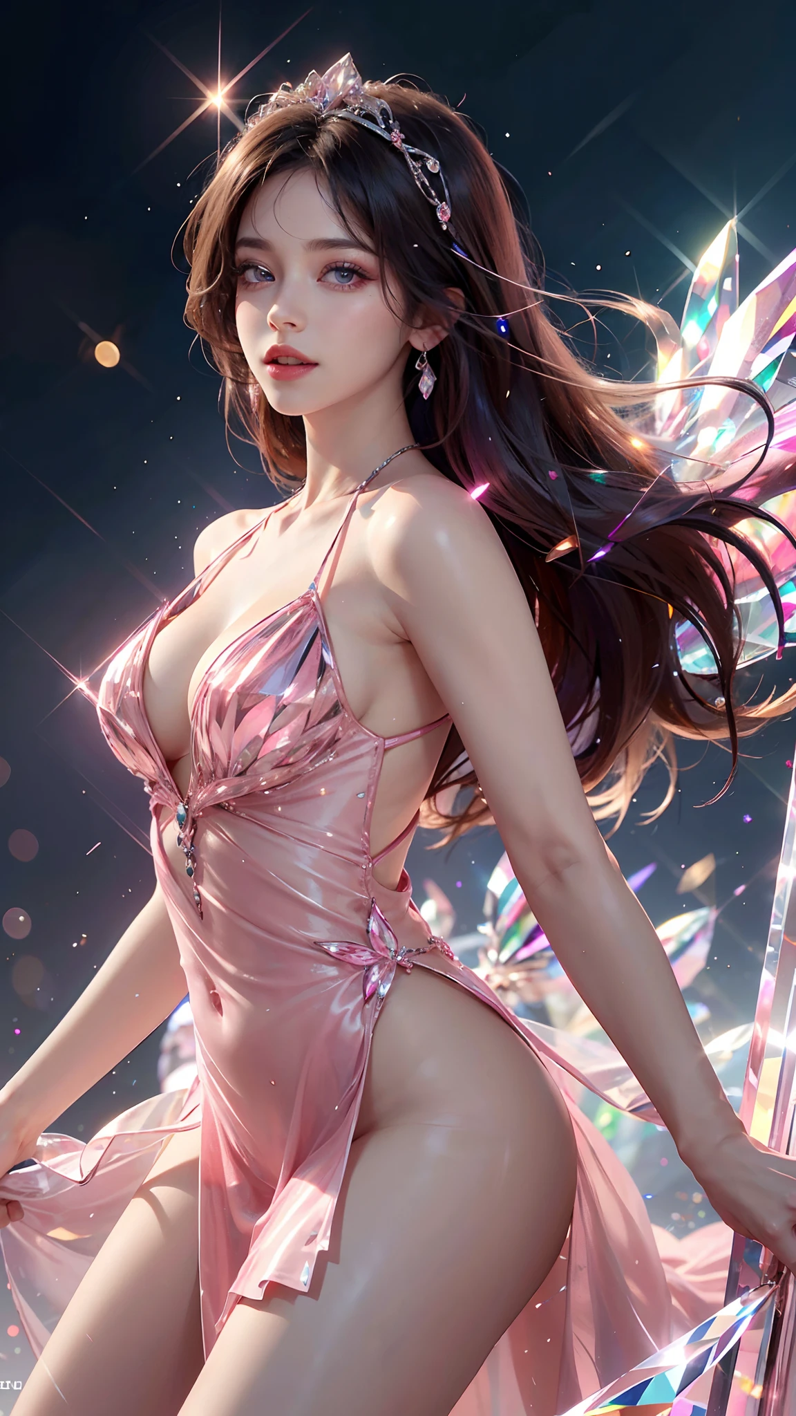 ultra hd, 4k quality, a girl, happy, very long hair, setailed eyes, glossy lips, pink Crystal dress, pink dress, pink crystals, reflecting lights on crystals, spreading lights, attractive pose, whole body capture,