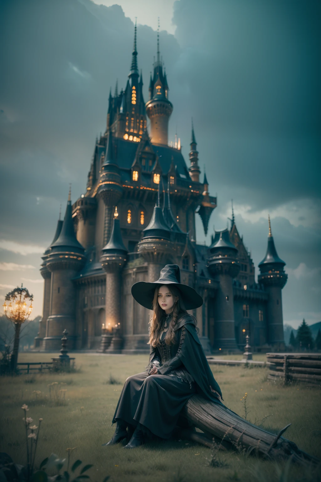 （A beautiful witch sitting in front of a super giant bear skeleton:1.4) ，gloomy castle，Spooky and terrifying，The skull is on the ground，depth of fields，high light，Real light，Ray traching，OC renderer，UE5 renderer，Hyper-realistic，best qualtiy，8K，Works of masters，super-fine，Detailed pubic hair，Correct anatomy，