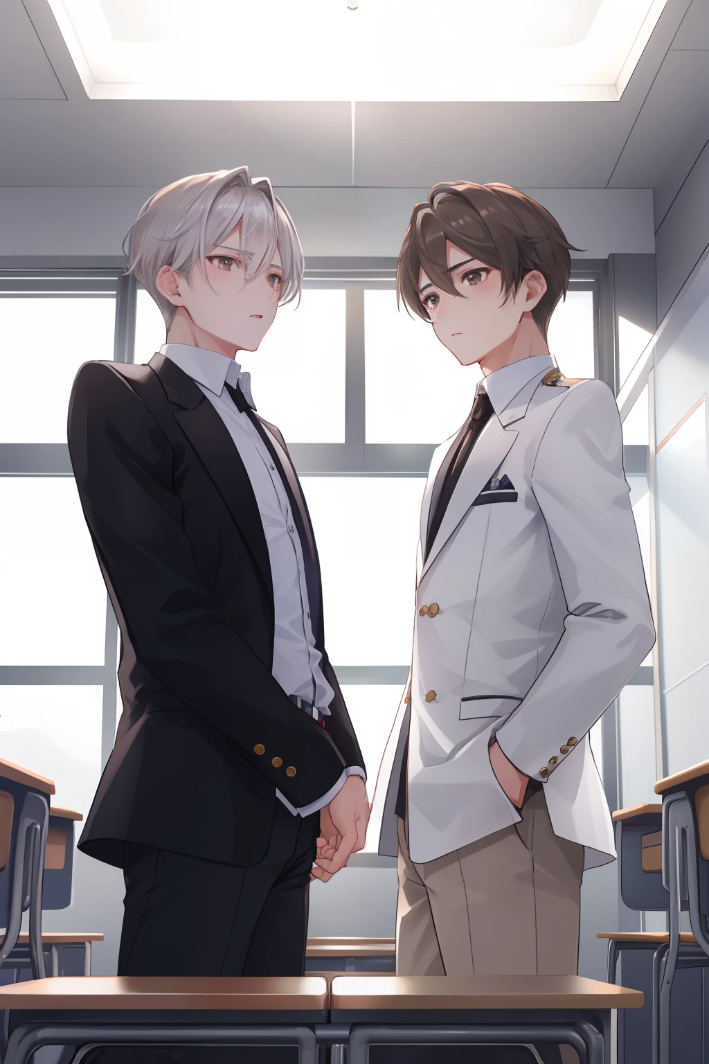 Two , Silver-haired boy and brown-haired boy, Talking、Empty classroom、Boys Love、hight resolution、ultra-detailliert