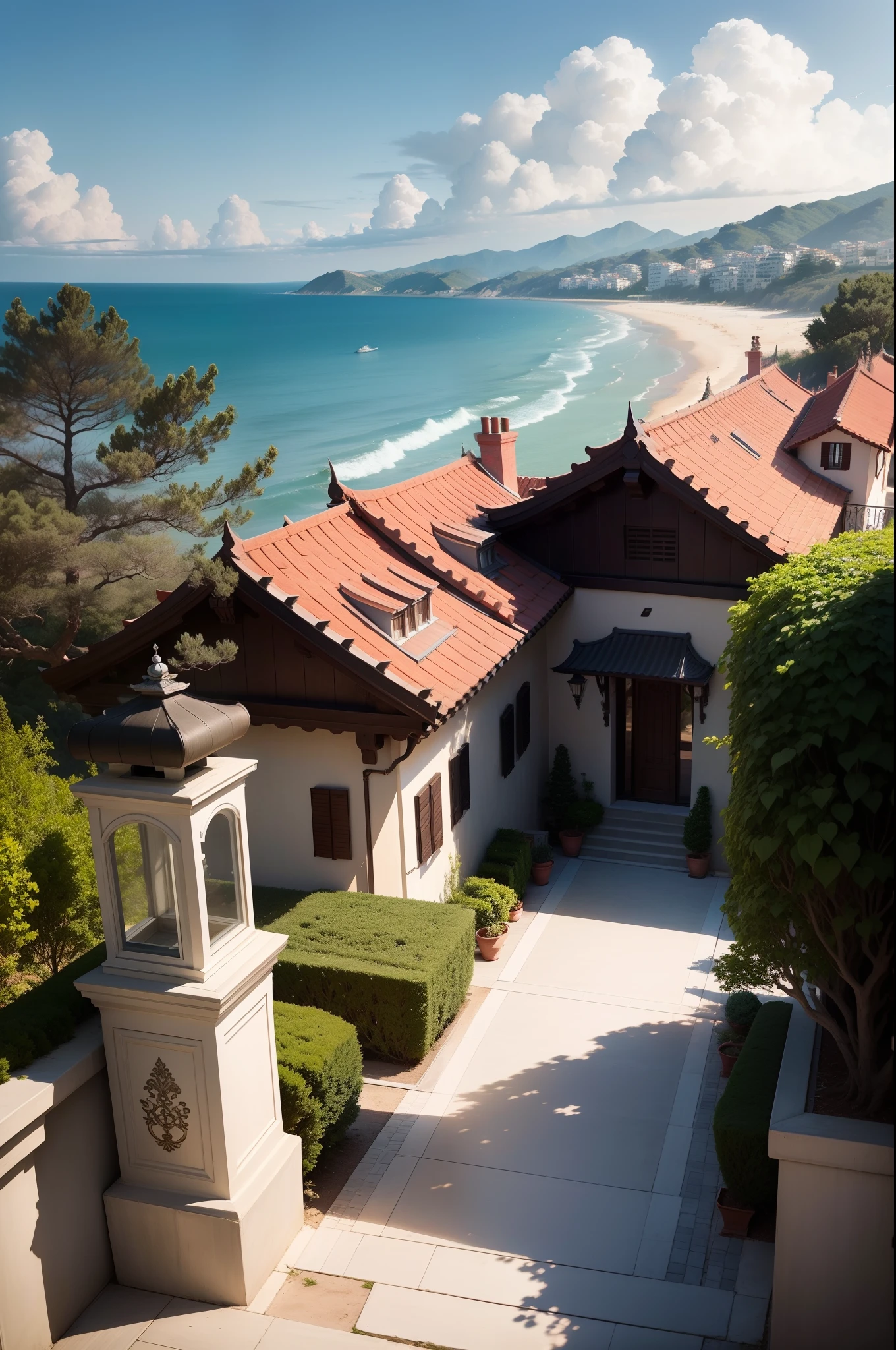 tmasterpiece,best qualtiy,Behind is a villa by the sea,It looks like Cai Xukun's tree