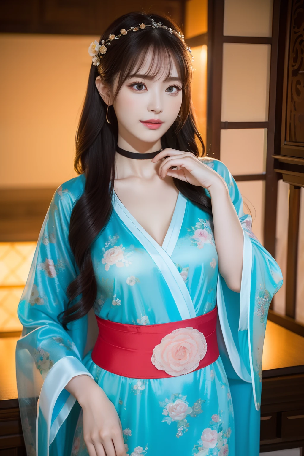 best qualtiy，tmasterpiece，A high resolution，1girll，Girl with long hair and waist，Hanfu nightdress，Floral hanfu nightdress，Hanfu nightdress，Printed tulle nightdress，hair adornments，choker necklace，jewely，beautiful  face，Red high-gloss lipstick，Physically，crisp breasts，Dingdall effect，realisticlying，Dark Studio，edge lit，twotonelighting，（highdetailskin：1.2），hyper HD， Digital SLR, softlighting, high high quality, volumettic light, sneak shot, photore, A high resolution, 4K, 8K, Background bokeh,