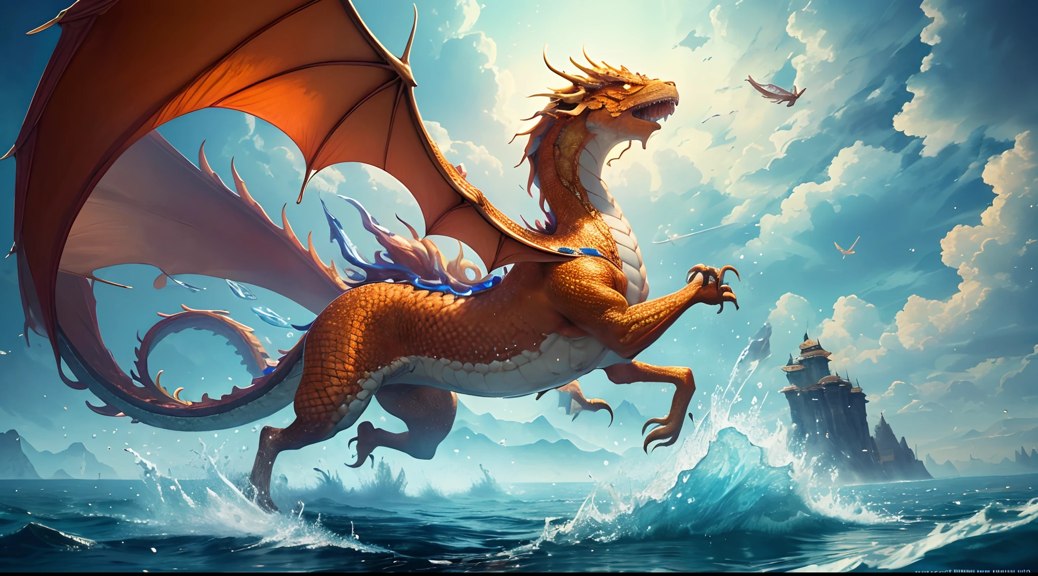 (Masterpiece, Top Quality, Best Quality, Ultimate Detail, Highest Detail, Official Art, Beauty & Aesthetics: 1.2), Golden Ratio, Full Composition, official art, Unity 8k wallpaper, super detailed, beautiful, (fractal art: 1.4), the naked school girl is riding on the orange dragon, flying over the town, full body, crystallineAI, from below, splash