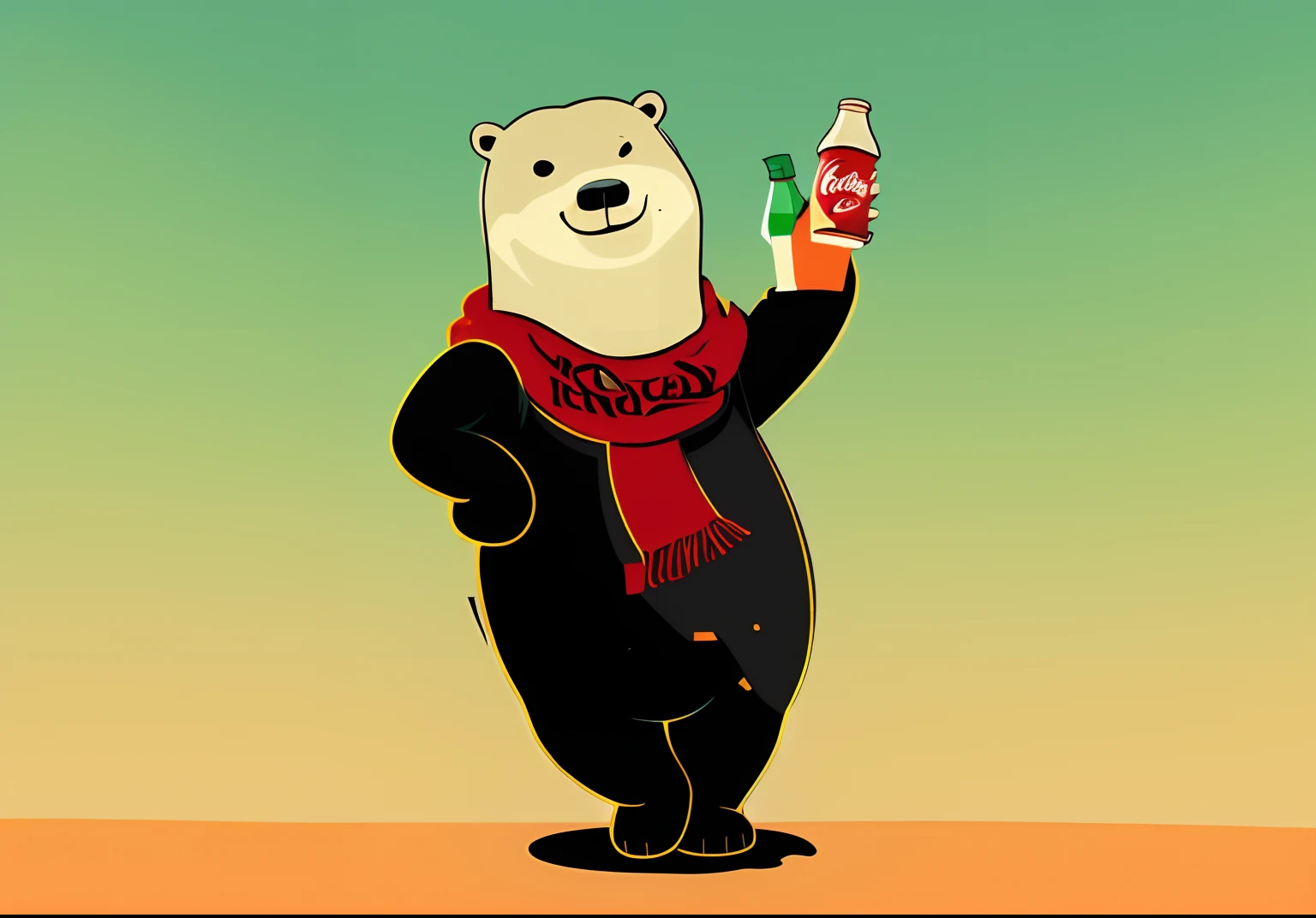 Cartoon polar bear with coca bottle and scarf, Polar bears, coca cola in camel head, coka-cola advertisement, drinking a bottle of coca-cola, author：Hamish MacDonald, telegraph stickers, illustration!, 240p, mascot illustrations, dabbing, Limsa, telegraph stickers design, Coca-Cola logo, cold as ice! 🧊, Nuka Cola