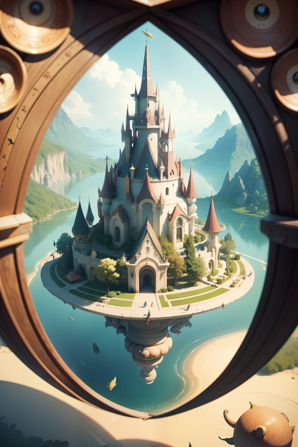 phantasy, Cartoon illustration of a fantasy world with bizarre large caterpillars and snails, Flying over the surface of the lake, Everyone is cheerful and happy. a closeup of a, Cinematic, a lot of details. Blurred fantasy background. Light haze.