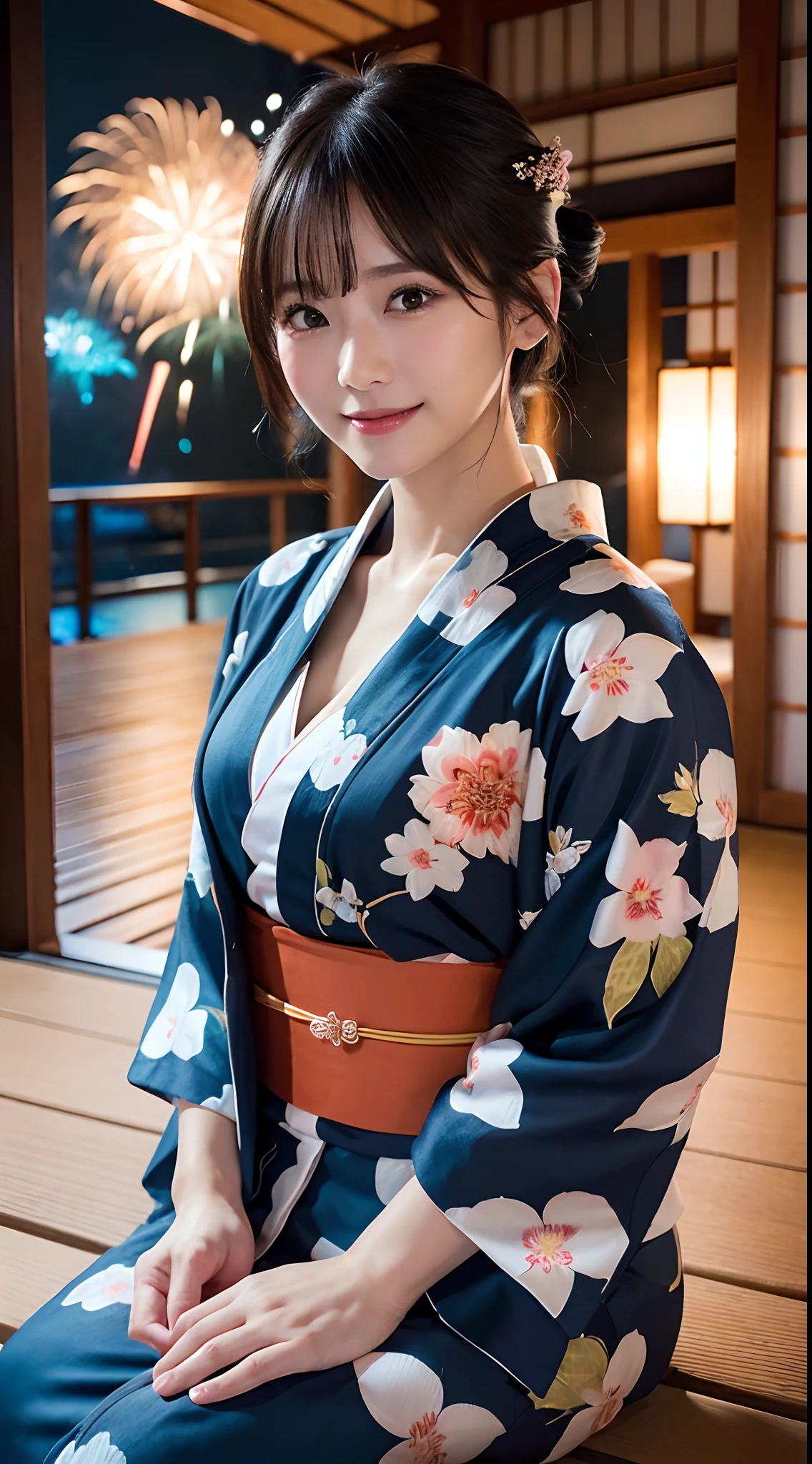 ((Masterpiece, highest quality, super definition, high definition)), solo, beautiful girl, shining eyes, perfect eyes, beautiful sister in Japan, large fluffy yukata, large cleavage, red floral yukata, background is night fireworks, high image quality, 4K.