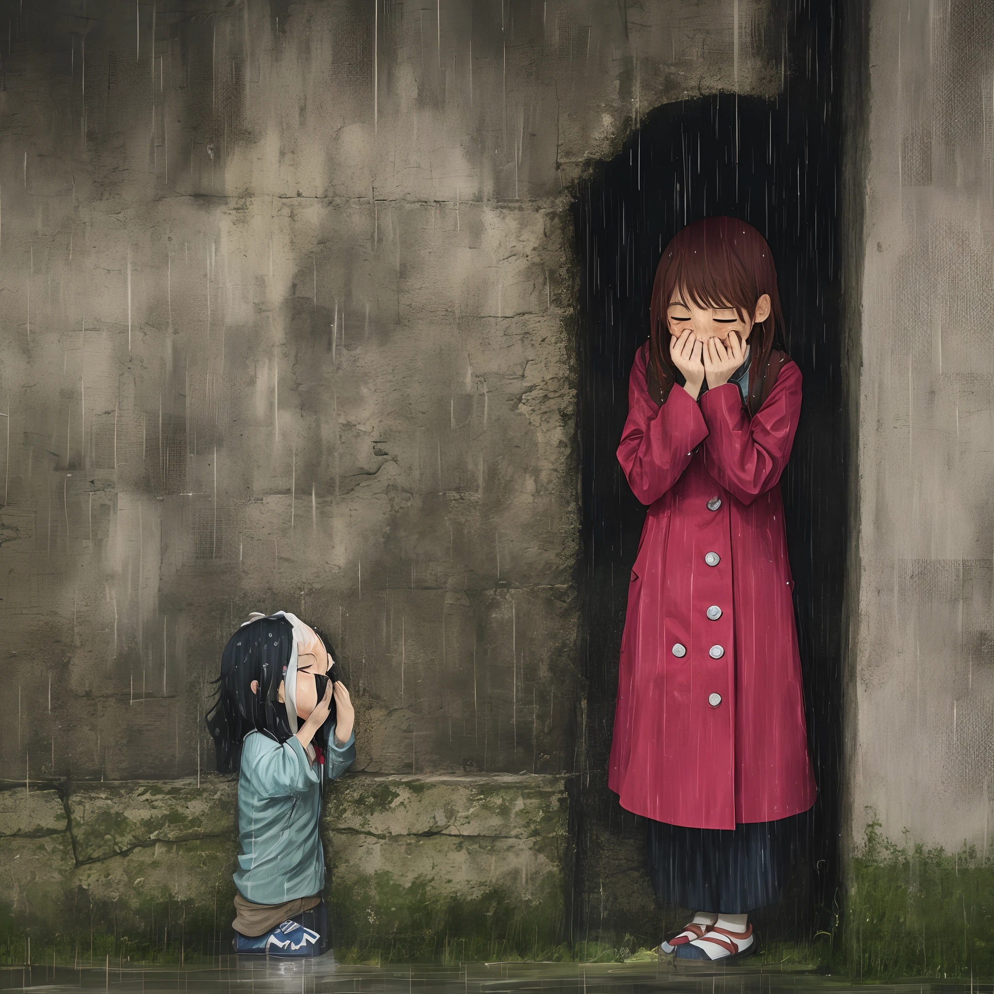 Haibara wept against the wall on a rainy night