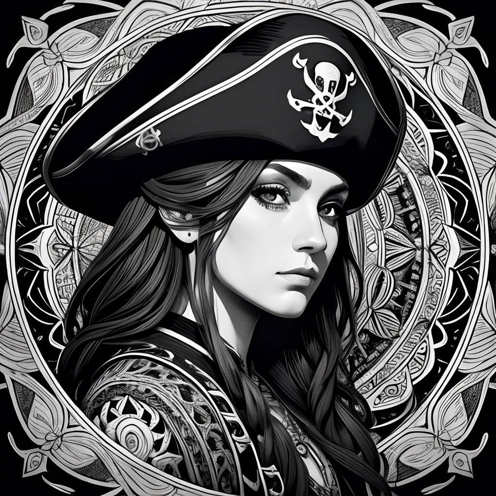 Centred potrait of a male Pirate, black and white, zentangle (best quality) ultra-detailed, fine line drawing, fine line art, coloring book illustration style, intricate linework, highly detailed illustration, perfect composition, beautiful and stunning, dynamic angle, high contrast, incredible shading, incredible detail, unique style, black and white details, (dark and mystical atmosphere), intricate and detailed nature elements.