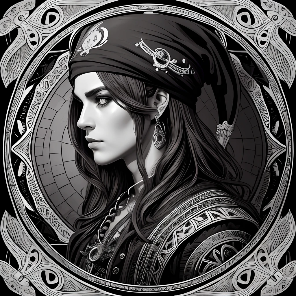 Centred potrait of a male Pirate, black and white, zentangle (best quality) ultra-detailed, fine line drawing, fine line art, coloring book illustration style, intricate linework, highly detailed illustration, perfect composition, beautiful and stunning, dynamic angle, high contrast, incredible shading, incredible detail, unique style, black and white details, (dark and mystical atmosphere), intricate and detailed nature elements.