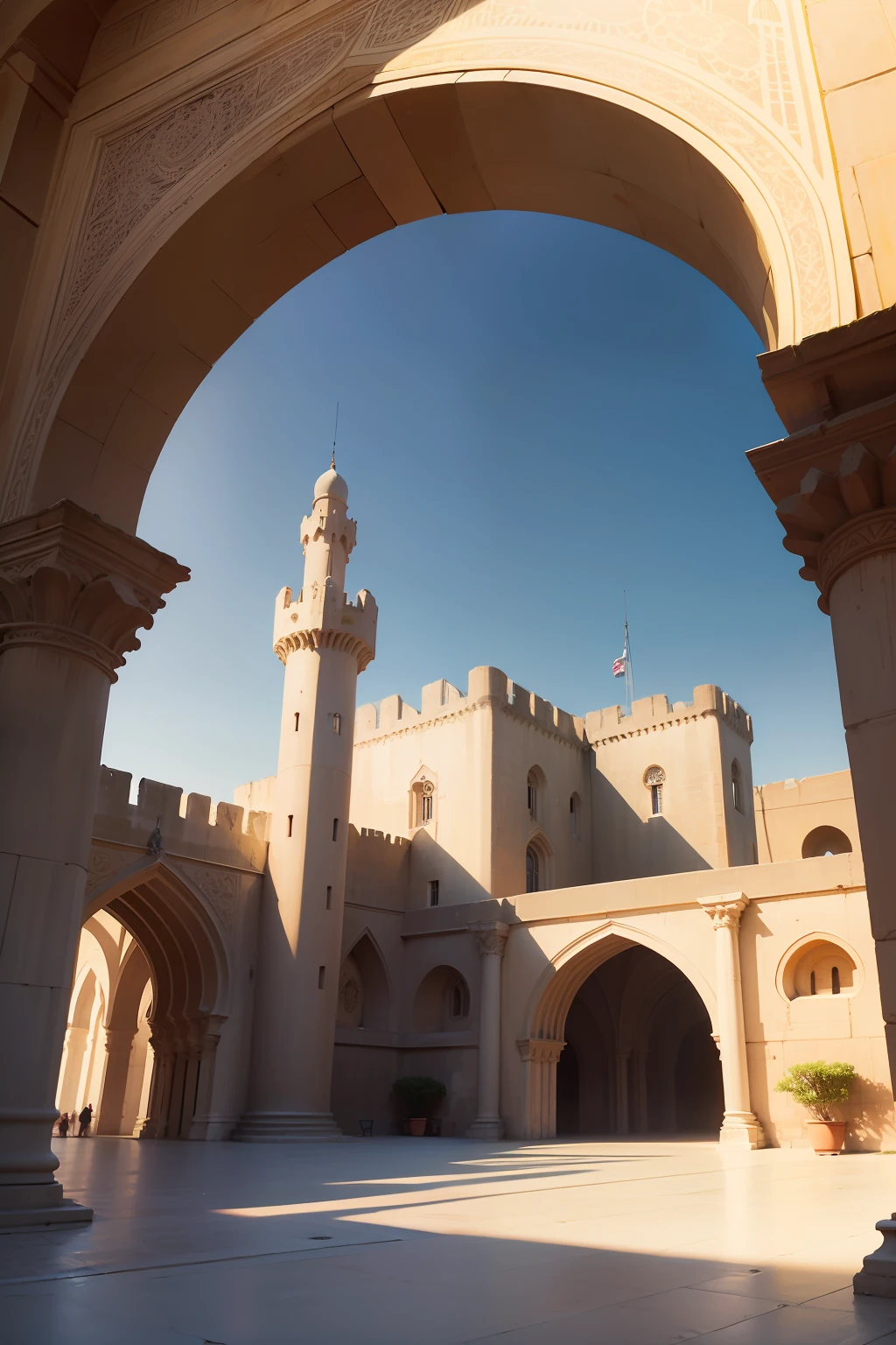 Imagine a beautiful Moorish fortress, towering over the sun-drenched landscape. Intricate patterns adorn its golden walls, while the elegant arches reach skyward. Surrounded by lush gardens and guarded by imposing towers, This masterpiece of architecture is a real work of art, with light and shadow, emphasizing its intricate details. Enter the fortress and experience a sense of awe of its grandeur and the skill of the Moors. Do it in the style of Jean Tinguely