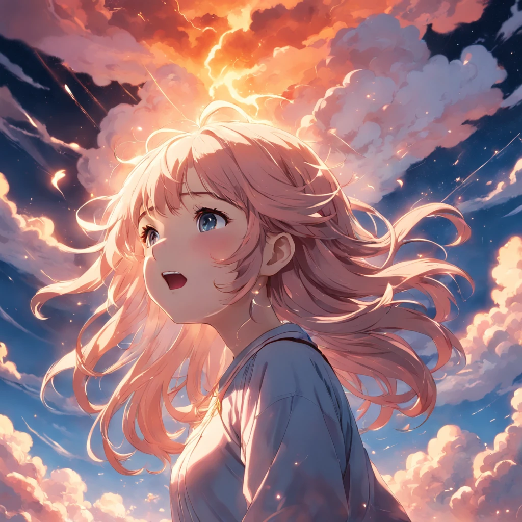 masterpiece, best quality, movie still, 1girl, cloud girl, floating in the sky, close-up, bright, happy, warm soft lighting, sunset, (sparks:0.7)
