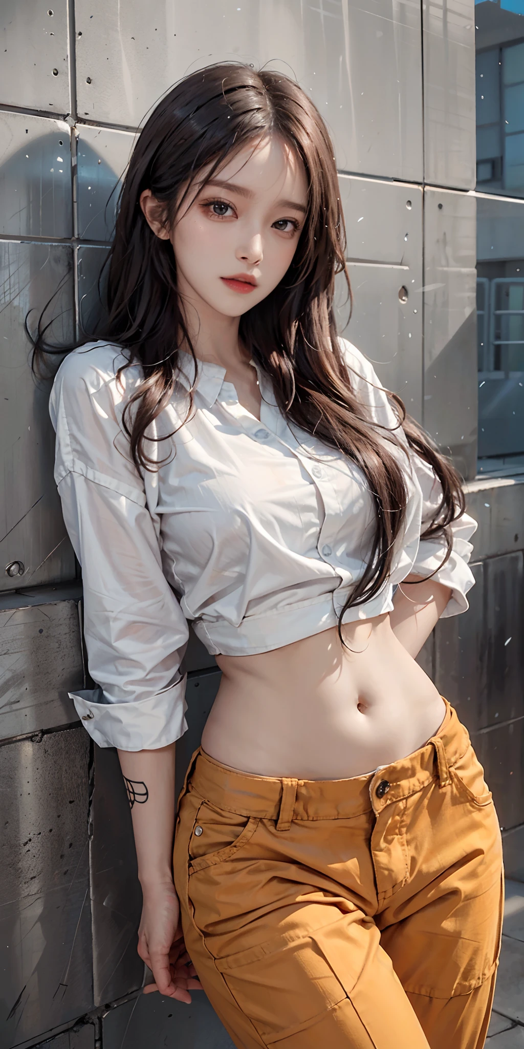 photorealistic, high resolution, soft light,1women, solo, hips up, shining skin, (detailed face), prison uniform, shirt, pants, orange uniform, tattoo